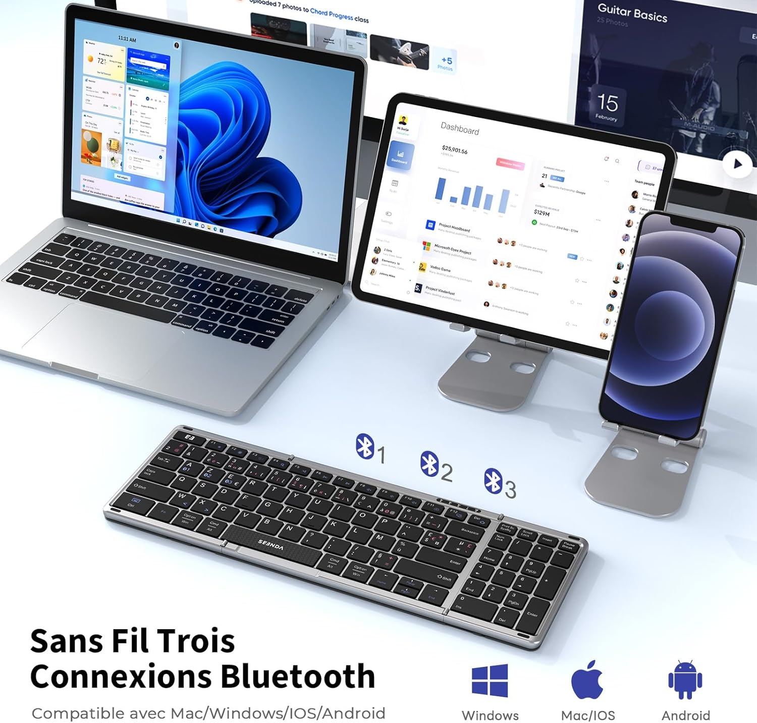 seenda Opvouwbaar Bluetooth-toetsenbord – mini-draagbaar draadloos toetsenbord met cijferblok, AZERTY, oplaadbaar, volledige grootte, voor Windows iOS Android Tablet iPad – zwart