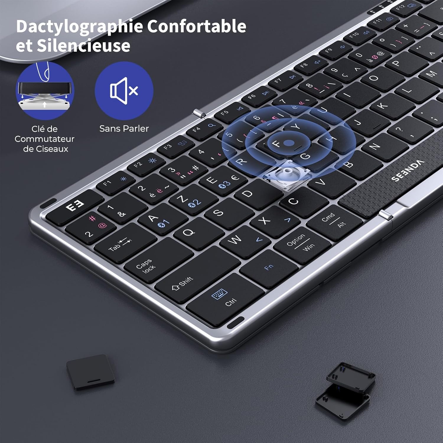 seenda Opvouwbaar Bluetooth-toetsenbord – mini-draagbaar draadloos toetsenbord met cijferblok, AZERTY, oplaadbaar, volledige grootte, voor Windows iOS Android Tablet iPad – zwart