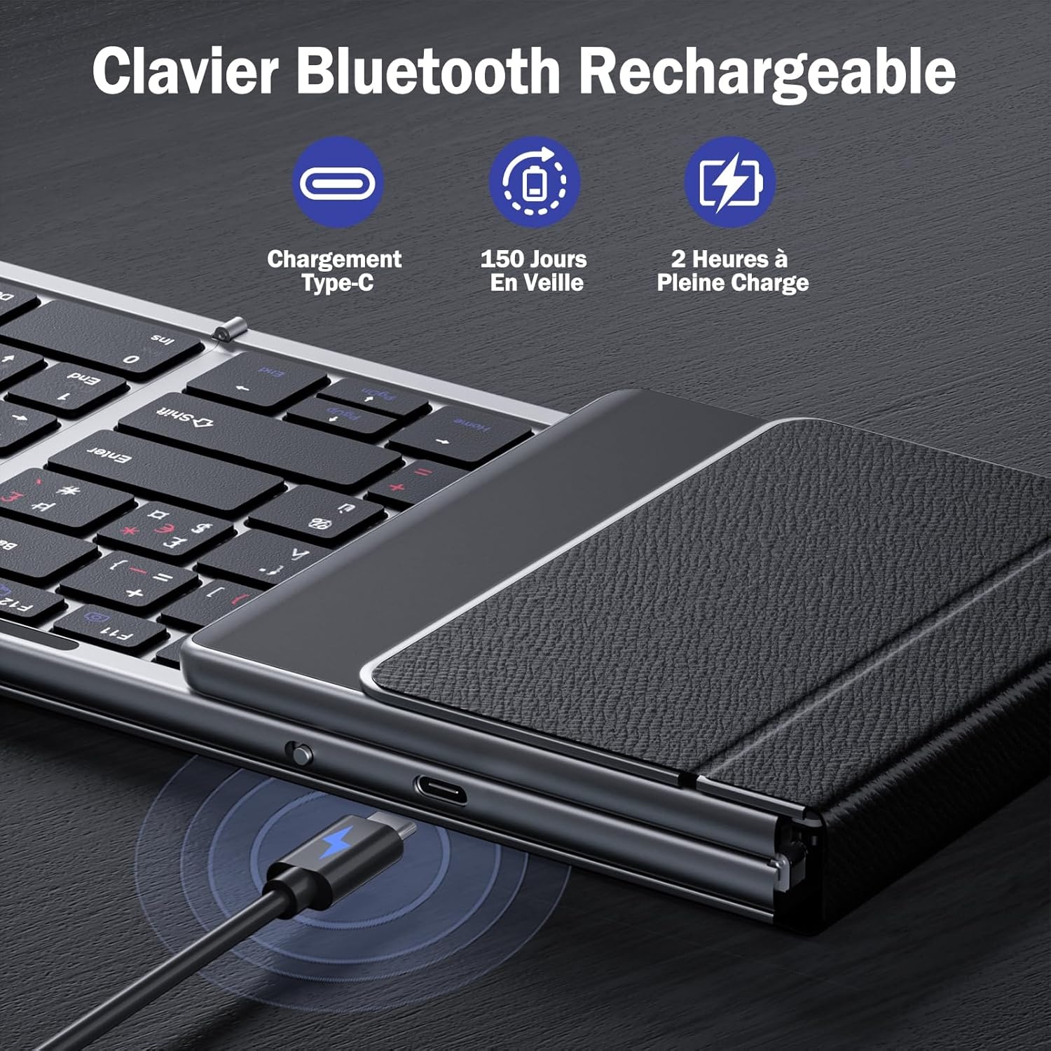 seenda Opvouwbaar Bluetooth-toetsenbord – mini-draagbaar draadloos toetsenbord met cijferblok, AZERTY, oplaadbaar, volledige grootte, voor Windows iOS Android Tablet iPad – zwart
