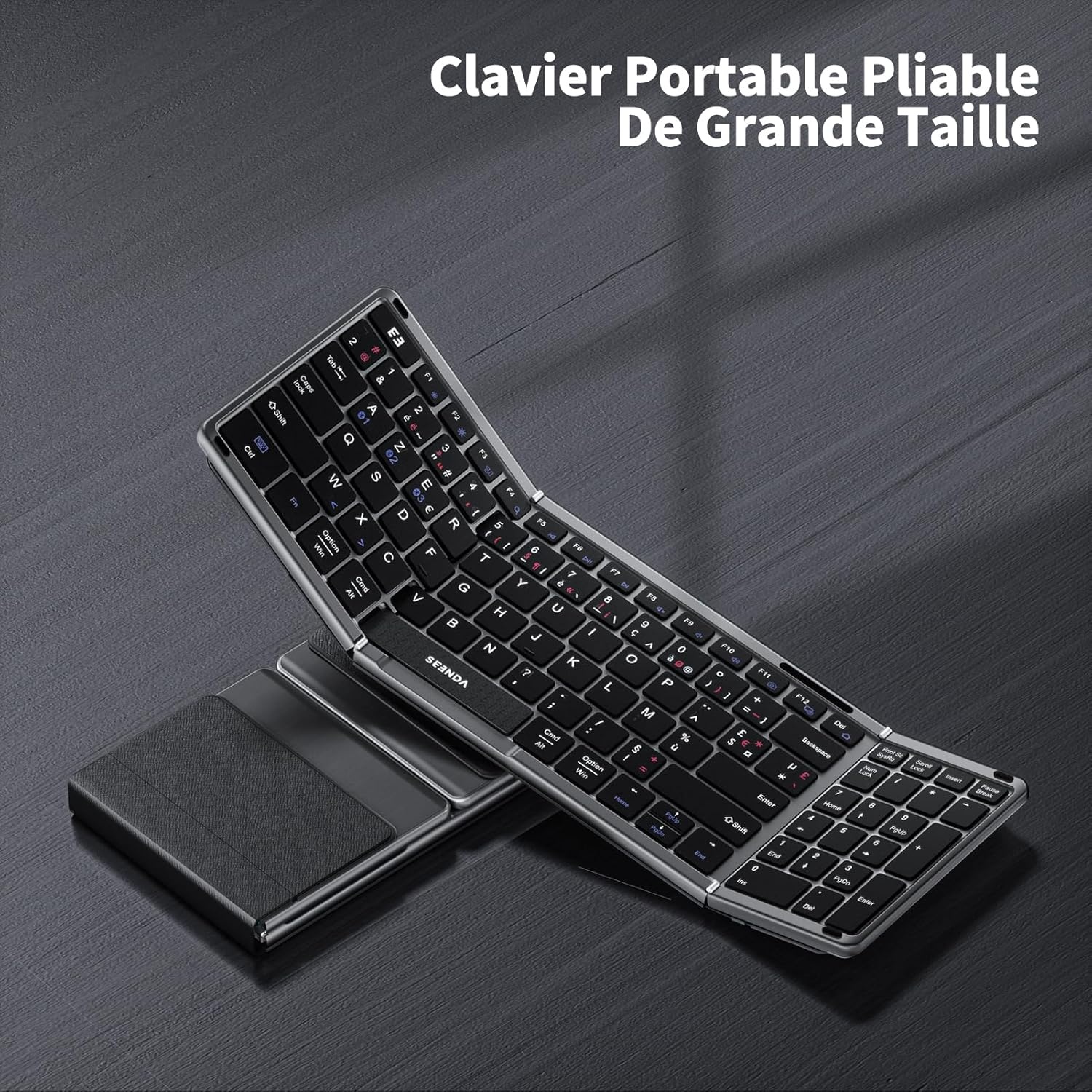 seenda Opvouwbaar Bluetooth-toetsenbord – mini-draagbaar draadloos toetsenbord met cijferblok, AZERTY, oplaadbaar, volledige grootte, voor Windows iOS Android Tablet iPad – zwart