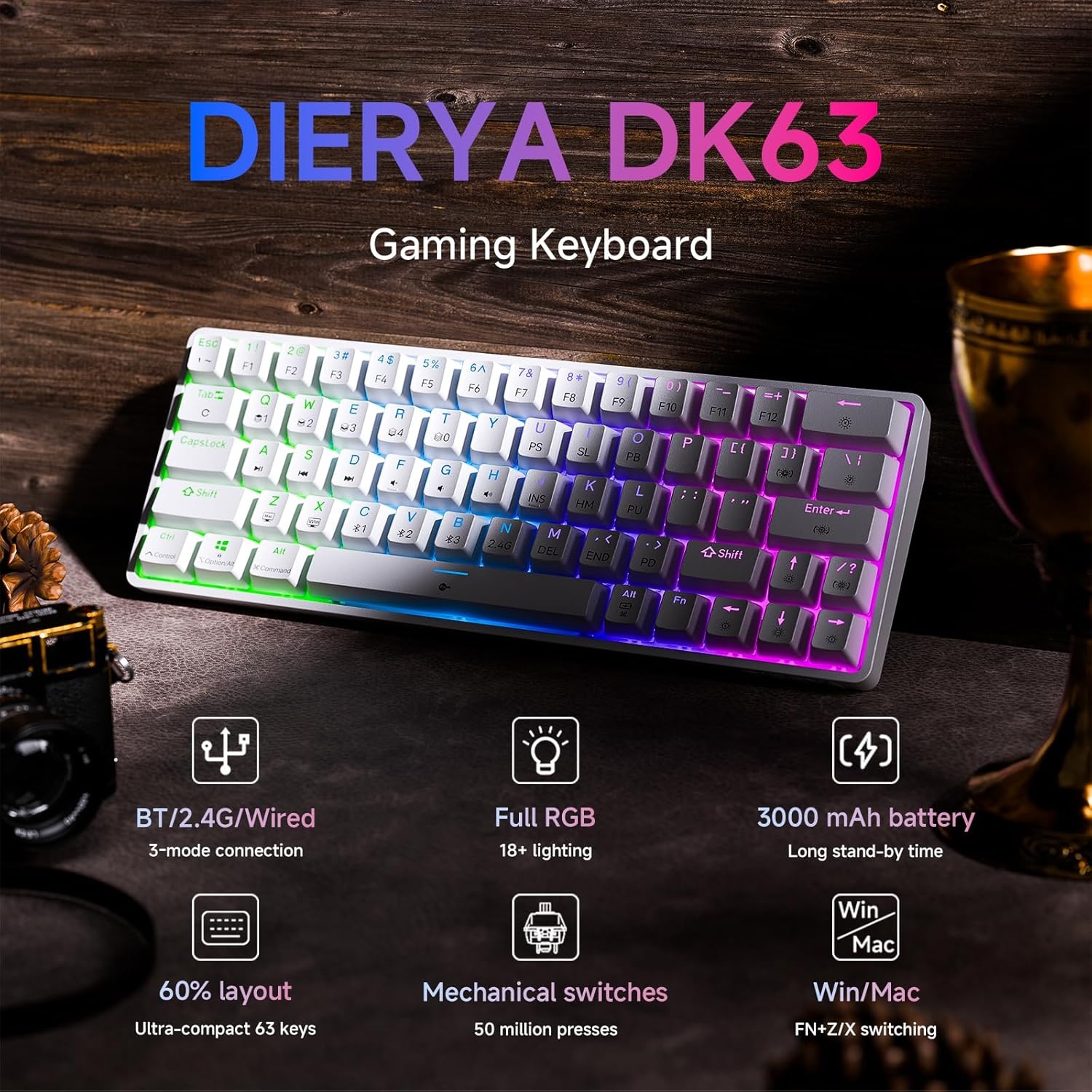 DIERYA DK63 Gaming Draadloos Toetsenbord,60% Mechanical Keyboard met Bluetooth/2,4G/Type C,Compact 63 Toetsen Linear Red Mechanisch Switch,Amerikaanse Lay-Out voor pc,Windows Mac,Wit