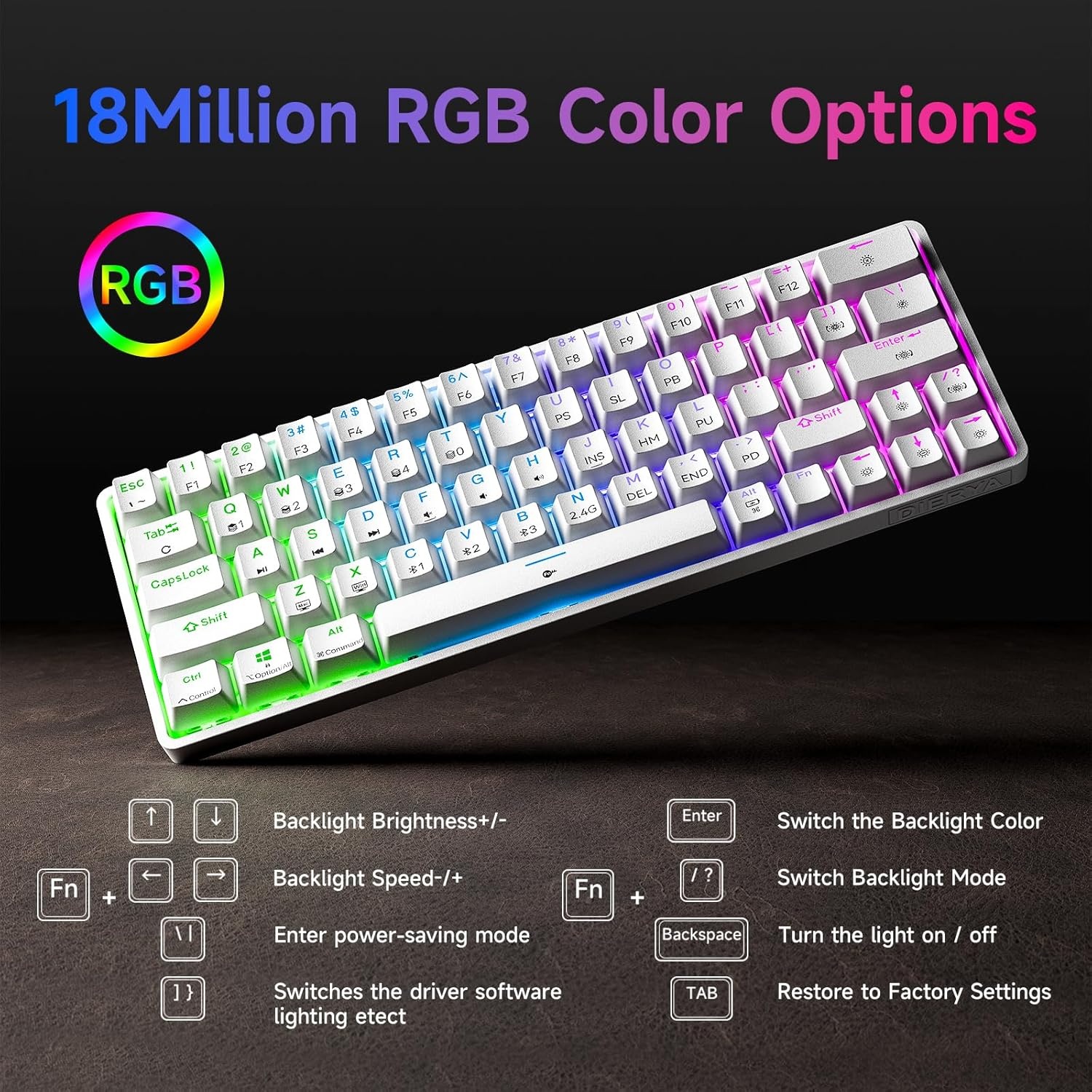 DIERYA DK63 Gaming Draadloos Toetsenbord,60% Mechanical Keyboard met Bluetooth/2,4G/Type C,Compact 63 Toetsen Linear Red Mechanisch Switch,Amerikaanse Lay-Out voor pc,Windows Mac,Wit