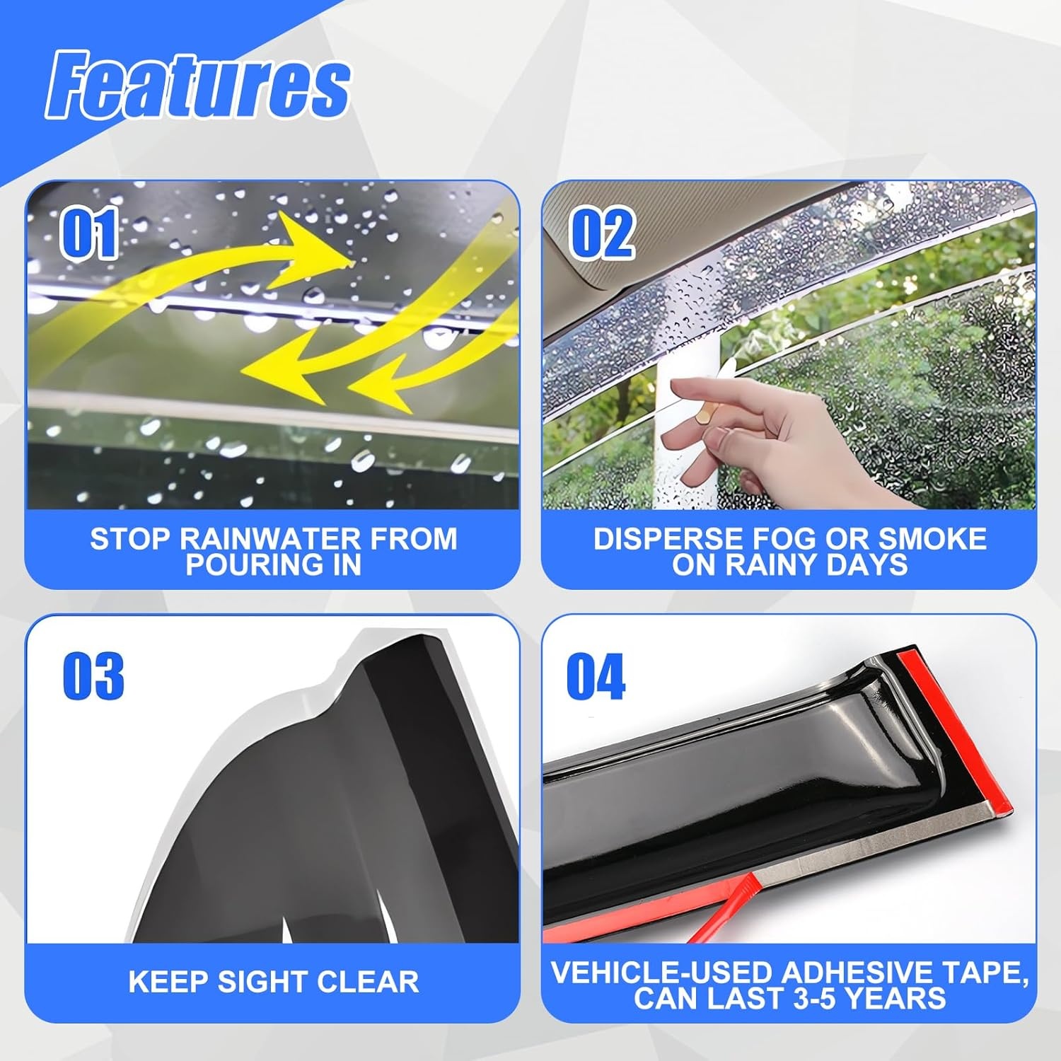 Winddeflector, regendeflector, compatibel met Ford Ranger T9 2023-2024, Wildtrak Raptor Wildtrak X Platinum XL XLT Limited Tremor dubbele cabine, getinte geïntegreerde deflectoren, set van 4 stuks