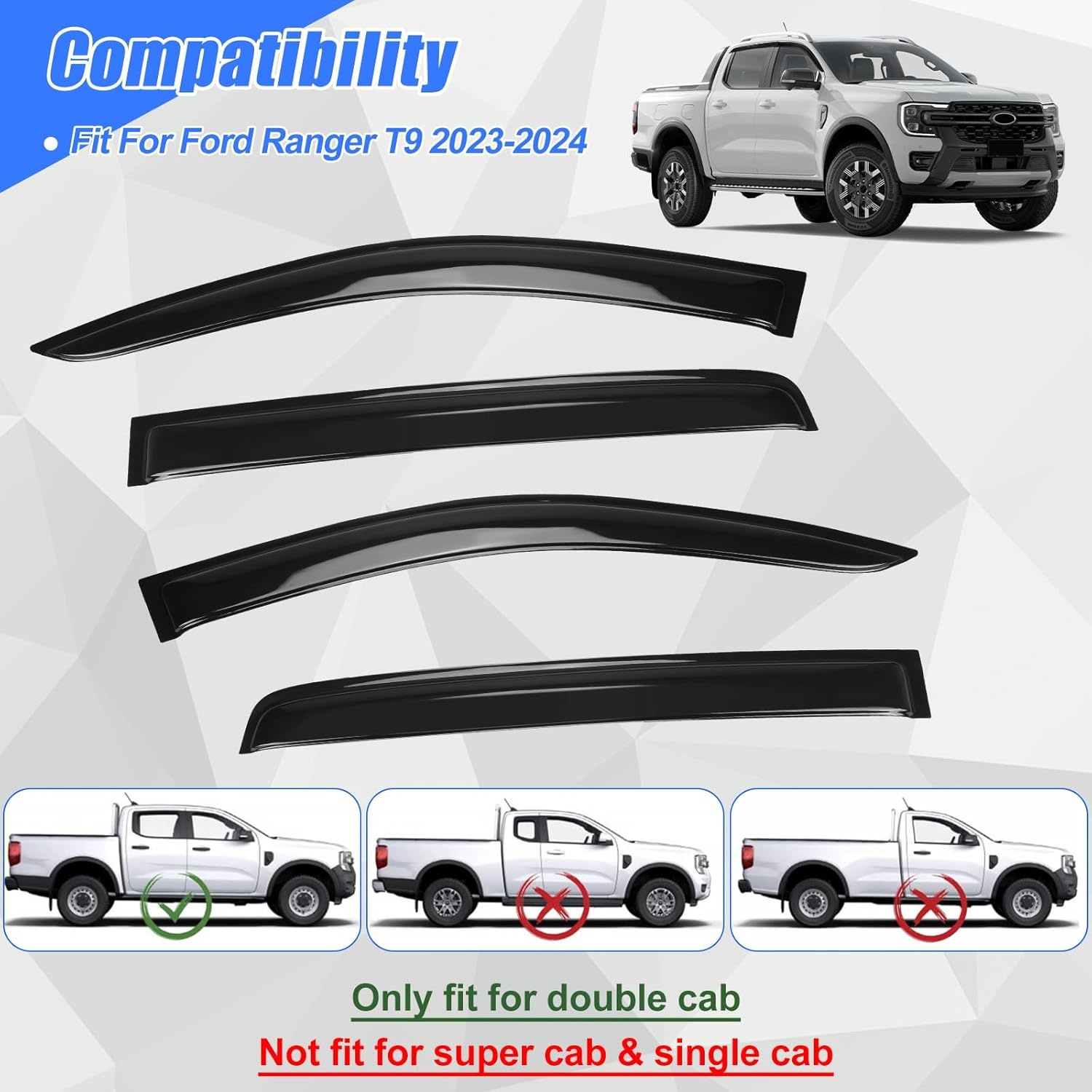Winddeflector, regendeflector, compatibel met Ford Ranger T9 2023-2024, Wildtrak Raptor Wildtrak X Platinum XL XLT Limited Tremor dubbele cabine, getinte geïntegreerde deflectoren, set van 4 stuks