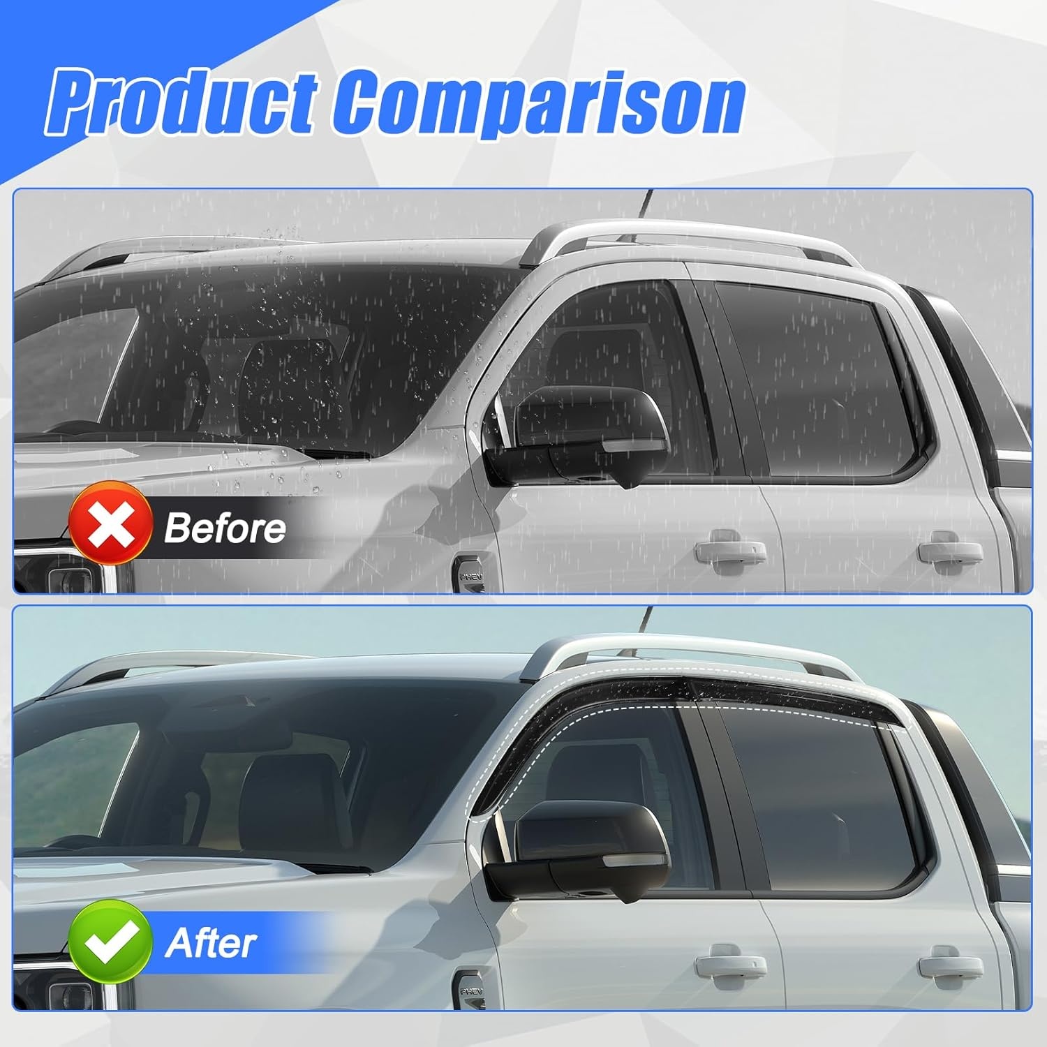 Winddeflector, regendeflector, compatibel met Ford Ranger T9 2023-2024, Wildtrak Raptor Wildtrak X Platinum XL XLT Limited Tremor dubbele cabine, getinte geïntegreerde deflectoren, set van 4 stuks