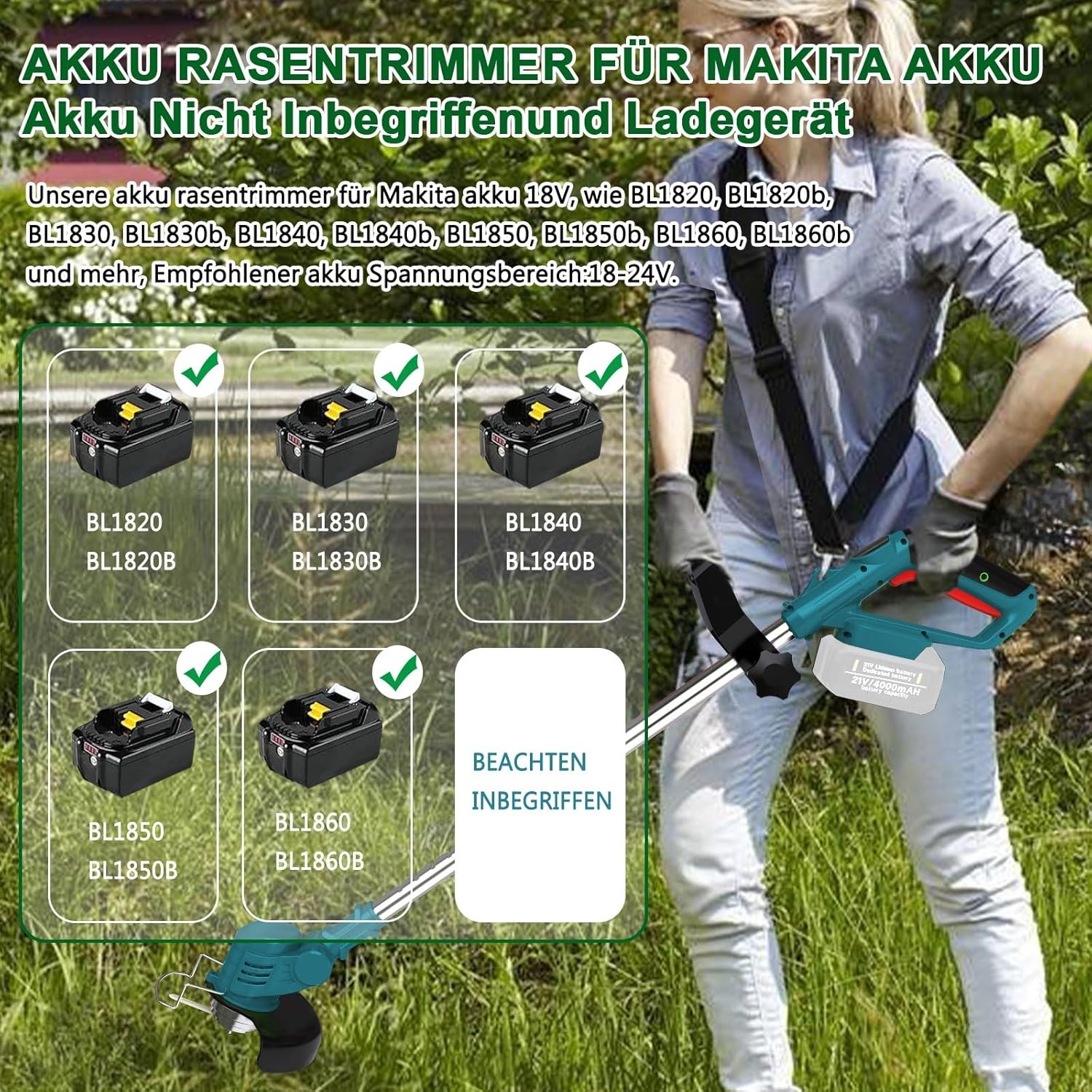 Grastrimmer met accu, accu-grastrimmer met 4 bladtypes, 4-in-1 bosmaaier, elektrische grastrimmer, 90° draaibare kop, voor gazon en tuin (zonder accu, zonder oplader)