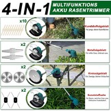 Grastrimmer met accu, accu-grastrimmer met 4 bladtypes, 4-in-1 bosmaaier, elektrische grastrimmer, 90° draaibare kop, voor gazon en tuin (zonder accu, zonder oplader)