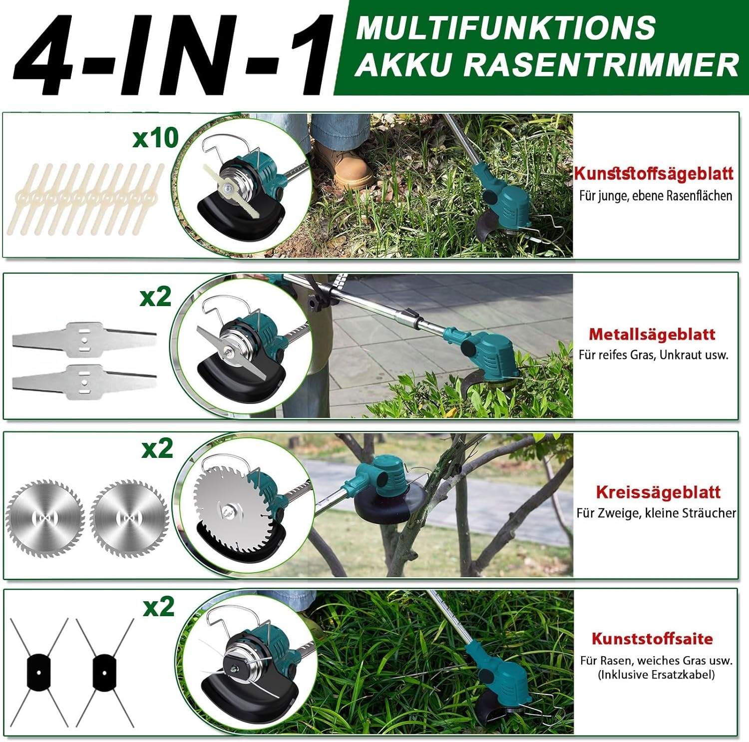 Grastrimmer met accu, accu-grastrimmer met 4 bladtypes, 4-in-1 bosmaaier, elektrische grastrimmer, 90° draaibare kop, voor gazon en tuin (zonder accu, zonder oplader)