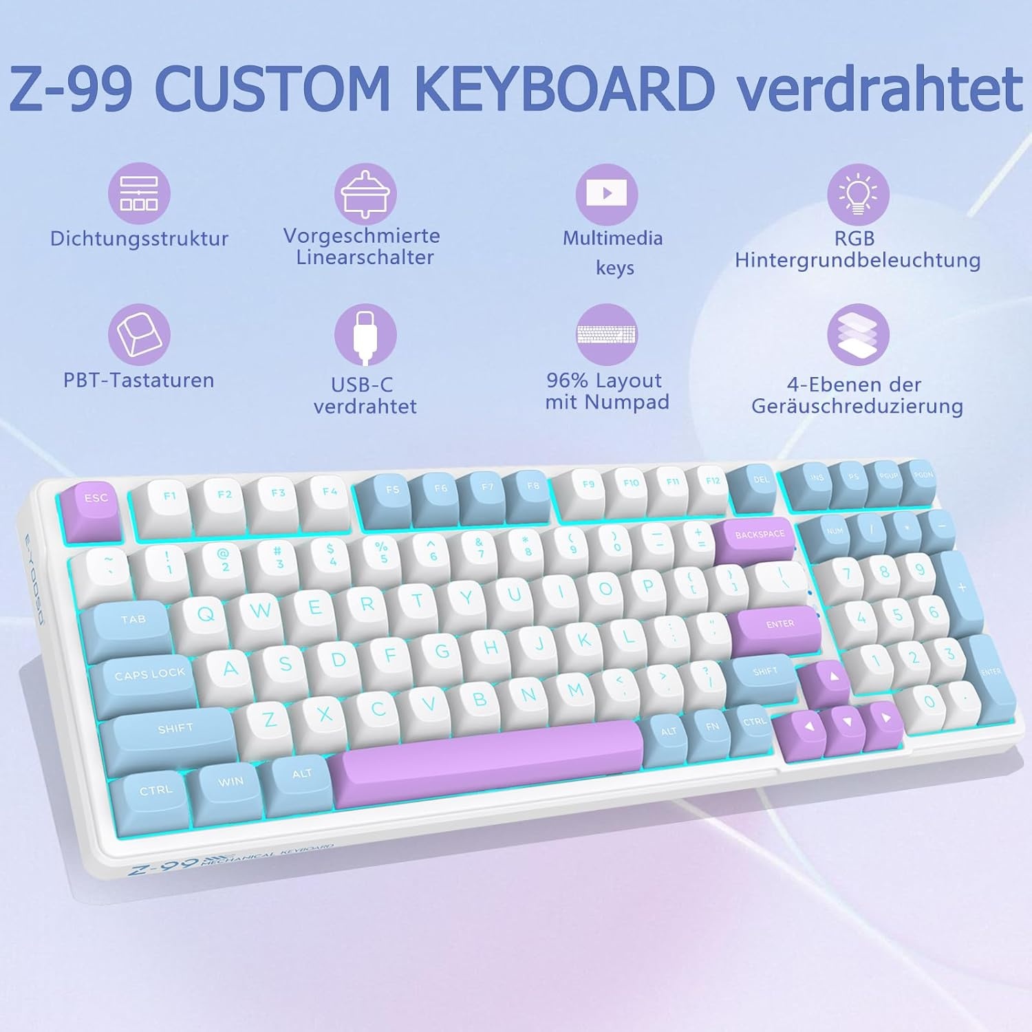 E-Yooso Z99 Creamy Mechanisch toetsenbord, 96% Creamy, bedraad, gasketstructuur met geluidsdempend schuim, voorgeoliede lineaire schakelaars, led-verlichting, 99 toetsen, Custom Gaming toetsenbord,