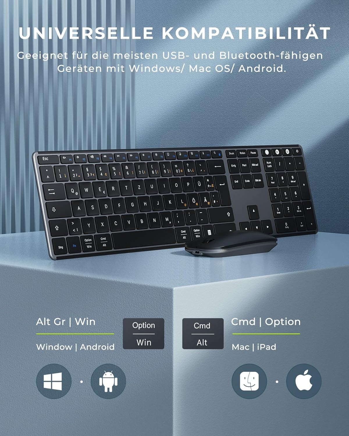 seenda Toetsenbord en muis, draadloos, multi-apparaat, USB & bluetooth-toetsenbord, muisset voor pc, oplaadbaar, ultradun draadloos toetsenbord met muis voor Windows/Mac OS/Android, QWERTZ-lay-out
