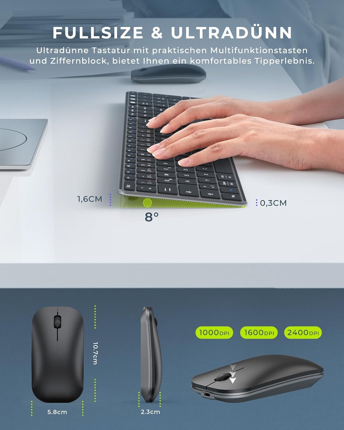 seenda Toetsenbord en muis, draadloos, multi-apparaat, USB & bluetooth-toetsenbord, muisset voor pc, oplaadbaar, ultradun draadloos toetsenbord met muis voor Windows/Mac OS/Android, QWERTZ-lay-out