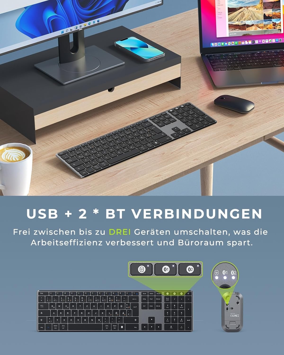 seenda Toetsenbord en muis, draadloos, multi-apparaat, USB & bluetooth-toetsenbord, muisset voor pc, oplaadbaar, ultradun draadloos toetsenbord met muis voor Windows/Mac OS/Android, QWERTZ-lay-out