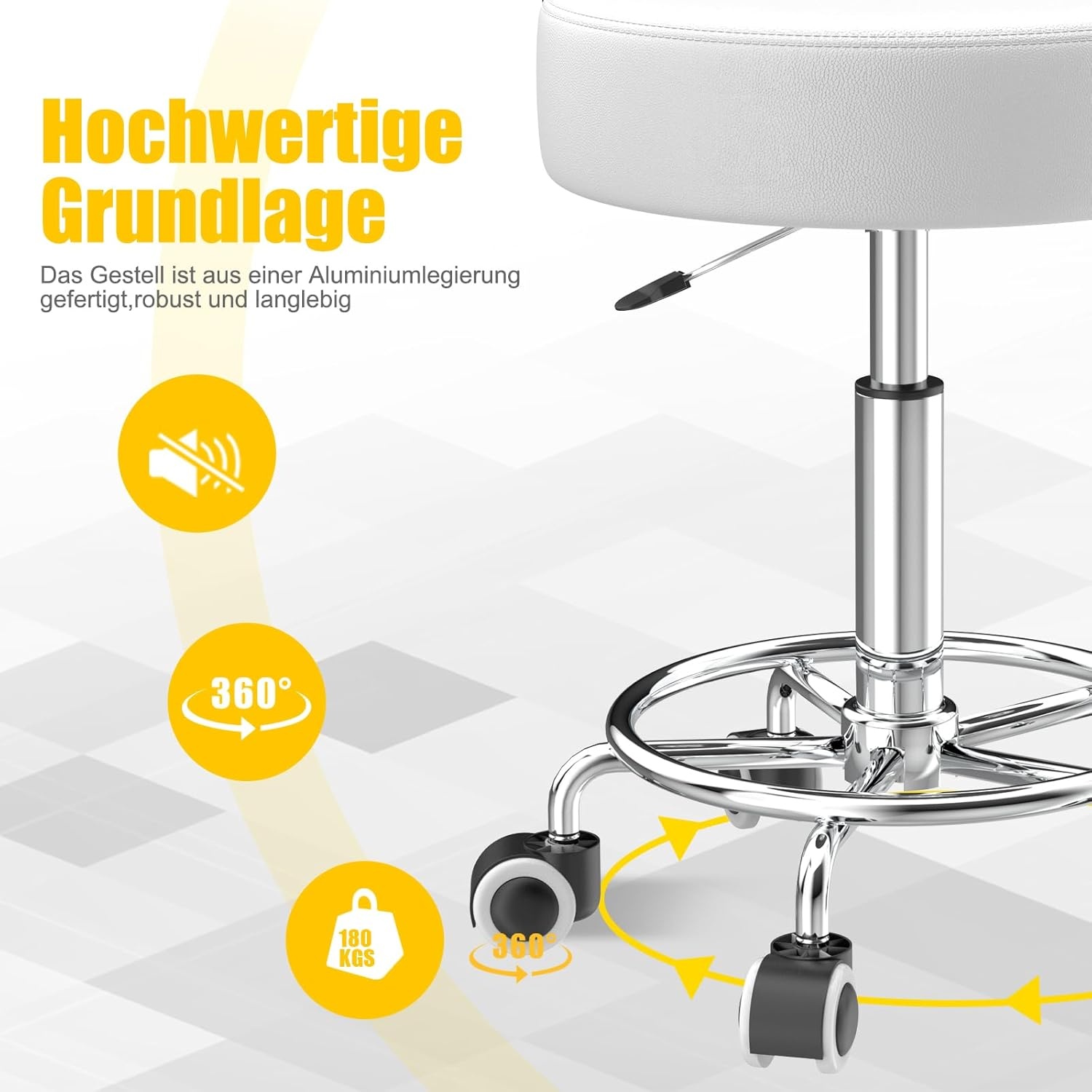 Kruk, in hoogte verstelbaar, 43-57 cm, rolkruk met voetensteun voor ontspanning van het lichaam, compact, comfortabel en licht, PU-lederen kruk met wielen, draaikruk, werkkruk, kapperskruk, bureaukruk