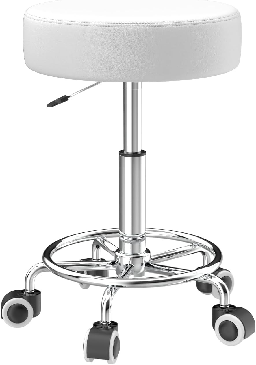 Kruk, in hoogte verstelbaar, 43-57 cm, rolkruk met voetensteun voor ontspanning van het lichaam, compact, comfortabel en licht, PU-lederen kruk met wielen, draaikruk, werkkruk, kapperskruk, bureaukruk