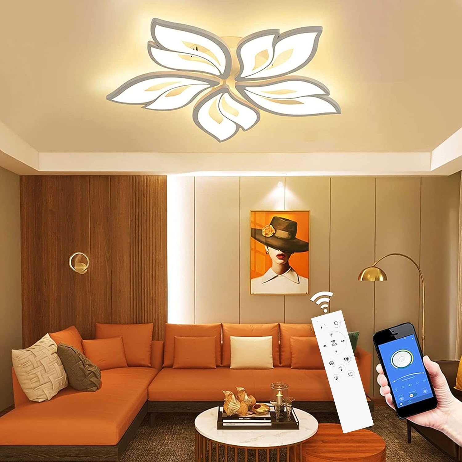 LED Plafondlamp Dimbaar, 40-80W met Afstandsbediening App, Kleurverandering Moderne Woonkamerlamp Plafondlamp, Energiebesparend Eimming Plafondverlichting Slaapkamerlamp - Maat 5 hoofden