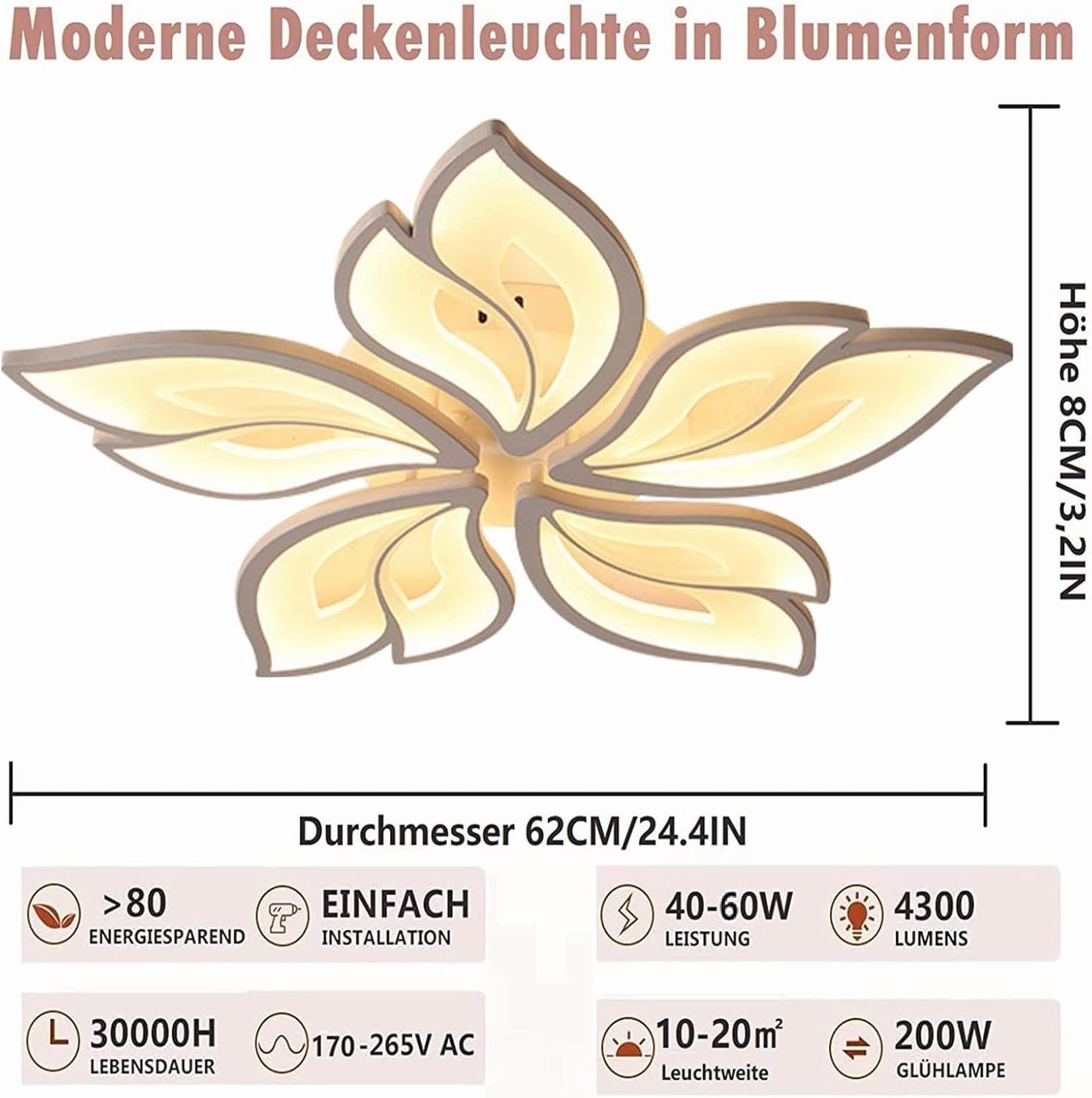LED Plafondlamp Dimbaar, 40-80W met Afstandsbediening App, Kleurverandering Moderne Woonkamerlamp Plafondlamp, Energiebesparend Eimming Plafondverlichting Slaapkamerlamp - Maat 5 hoofden