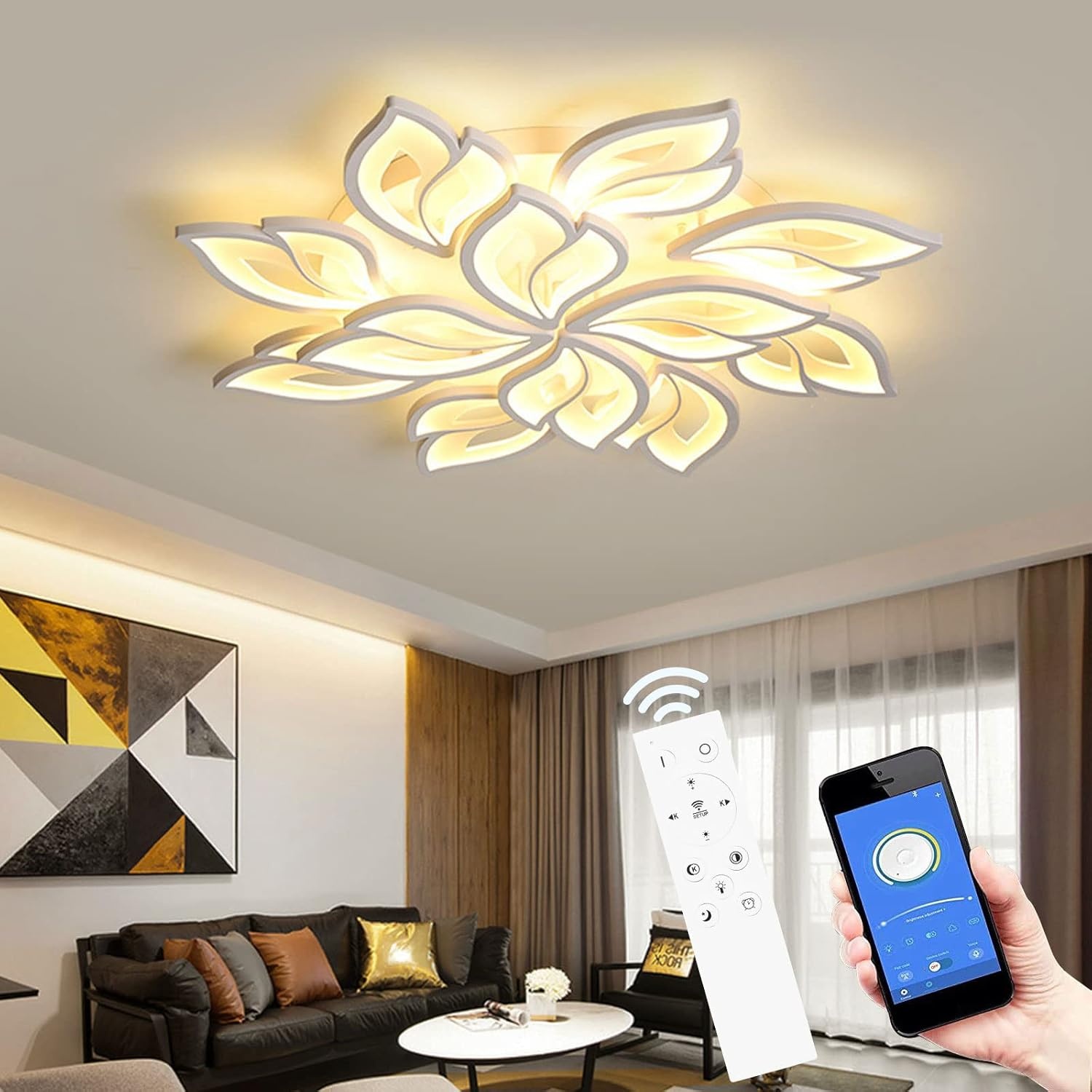 LED Plafondlamp Dimbaar, 40-80W met Afstandsbediening App, Kleurverandering Moderne Woonkamerlamp Plafondlamp, Energiebesparend Eimming Plafondverlichting Slaapkamerlamp - Maat 5 hoofden