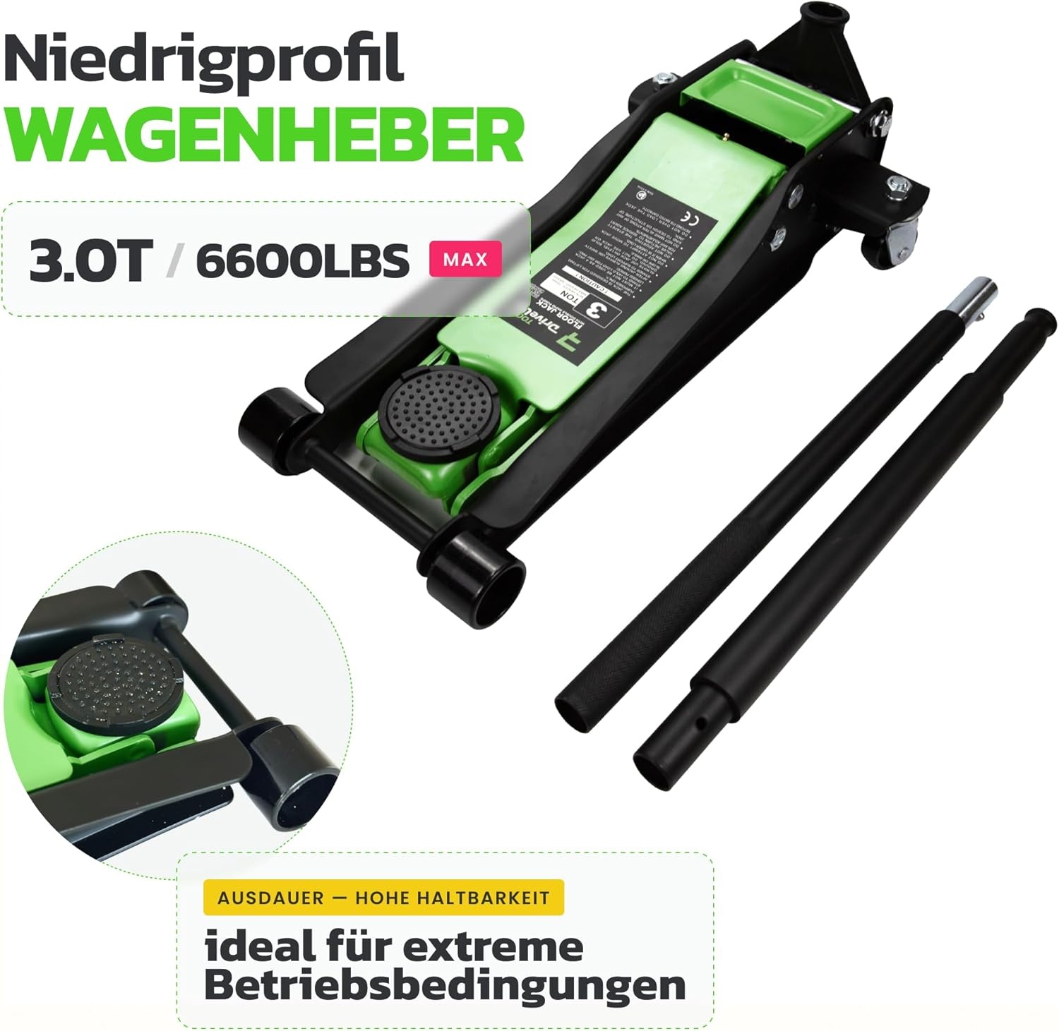 Lage Profiel 3T Auto Hydraulische Krik Met Trolley | Dubbele Zuiger Slag 75-510mm - Capaciteit tot 3000kg