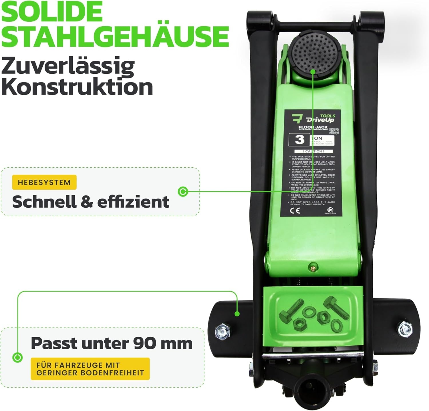 Lage Profiel 3T Auto Hydraulische Krik Met Trolley | Dubbele Zuiger Slag 75-510mm - Capaciteit tot 3000kg