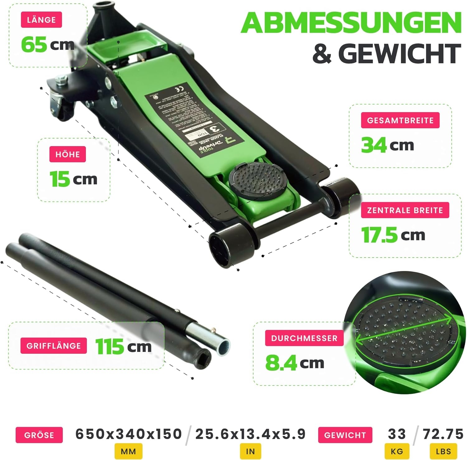 Lage Profiel 3T Auto Hydraulische Krik Met Trolley | Dubbele Zuiger Slag 75-510mm - Capaciteit tot 3000kg