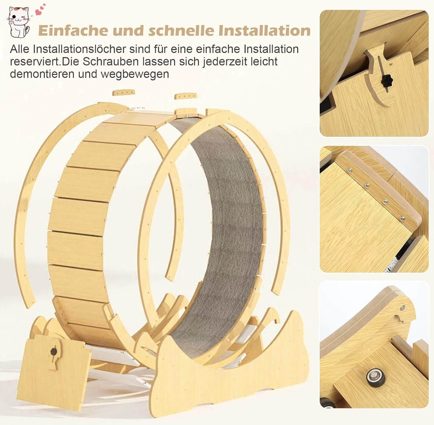 Houten loopwiel voor katten, 100 cm binnendiameter, fluisterstil kattenspeelgoed, XL, houtkleur