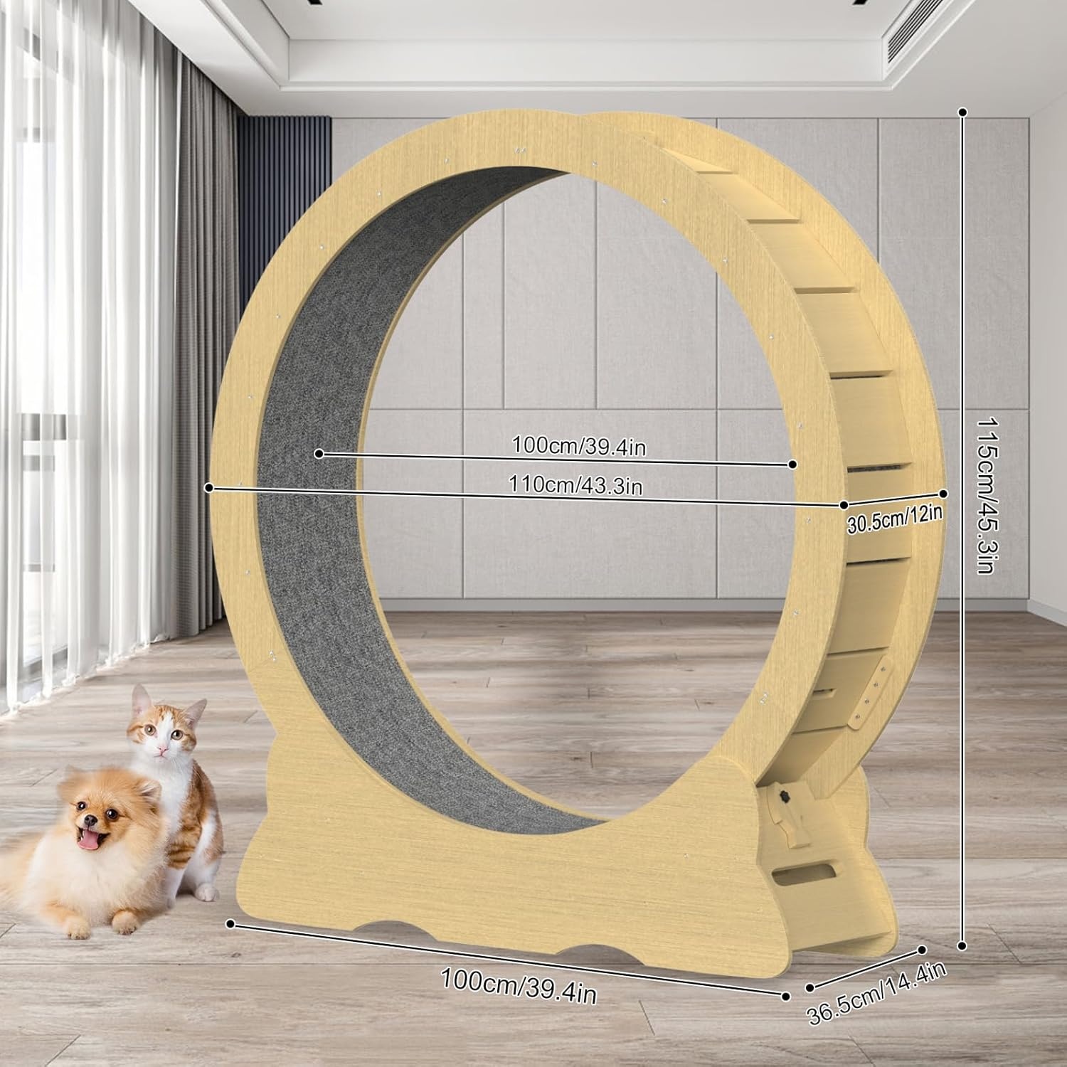 Houten loopwiel voor katten, 100 cm binnendiameter, fluisterstil kattenspeelgoed, XL, houtkleur