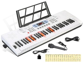 Piano Keyboard voor kinderen, 61 toetsen, elektronisch toetsenbord, draagbaar digitaal muziekinstrument voor vroege onderwijs met microfoon en muziekbladstandaard (Wit, Illuminated buttons) - Maat Illuminated buttons