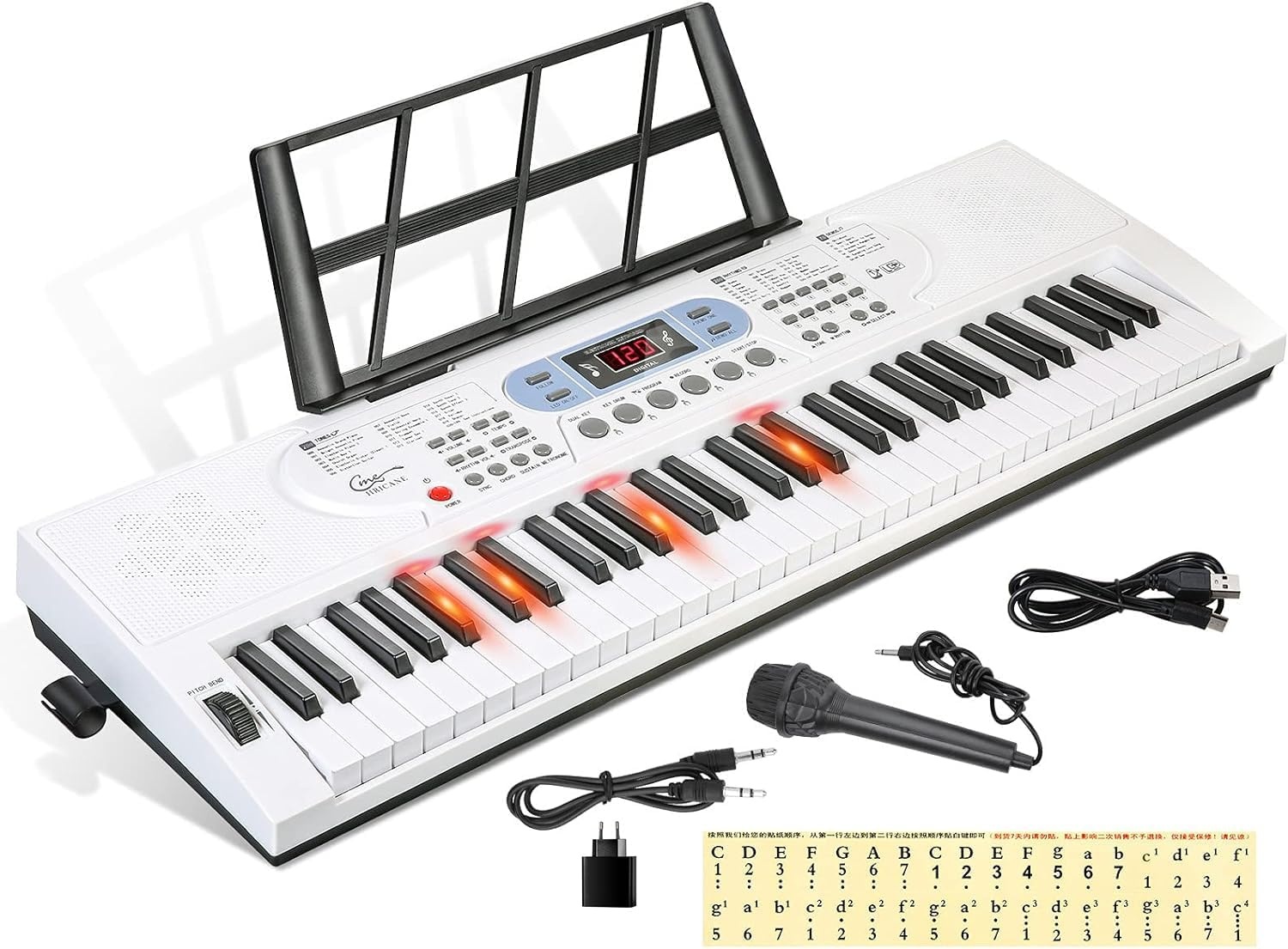 Piano Keyboard voor kinderen, 61 toetsen, elektronisch toetsenbord, draagbaar digitaal muziekinstrument voor vroege onderwijs met microfoon en muziekbladstandaard (Wit, Illuminated buttons) - Maat Illuminated buttons
