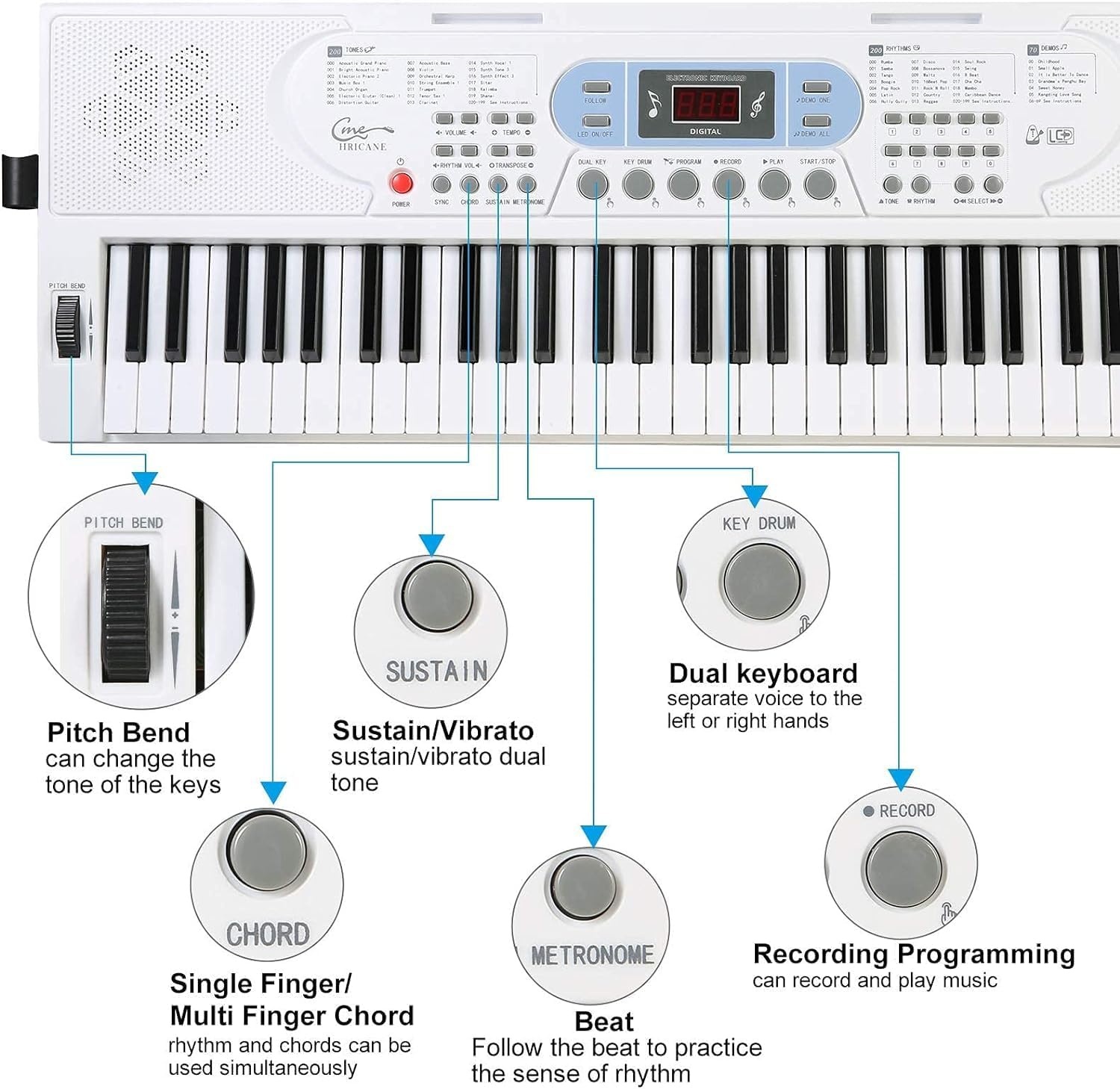 Piano Keyboard voor kinderen, 61 toetsen, elektronisch toetsenbord, draagbaar digitaal muziekinstrument voor vroege onderwijs met microfoon en muziekbladstandaard (Wit, Illuminated buttons) - Maat Illuminated buttons