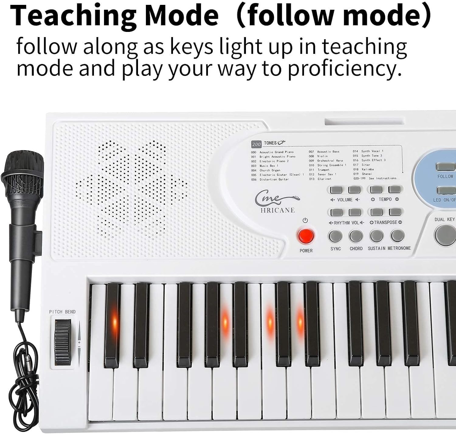Piano Keyboard voor kinderen, 61 toetsen, elektronisch toetsenbord, draagbaar digitaal muziekinstrument voor vroege onderwijs met microfoon en muziekbladstandaard (Wit, Illuminated buttons) - Maat Illuminated buttons