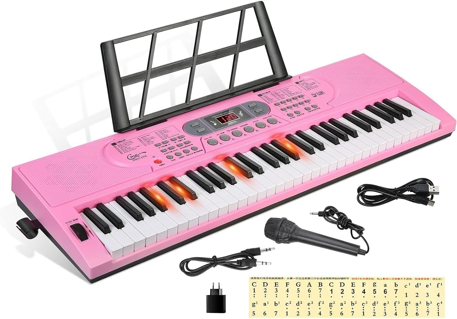 Piano Keyboard voor kinderen, 61 toetsen, elektronisch toetsenbord, draagbaar digitaal muziekinstrument voor vroege onderwijs met microfoon en muziekbladstandaard (Wit, Illuminated buttons) - Maat Illuminated buttons