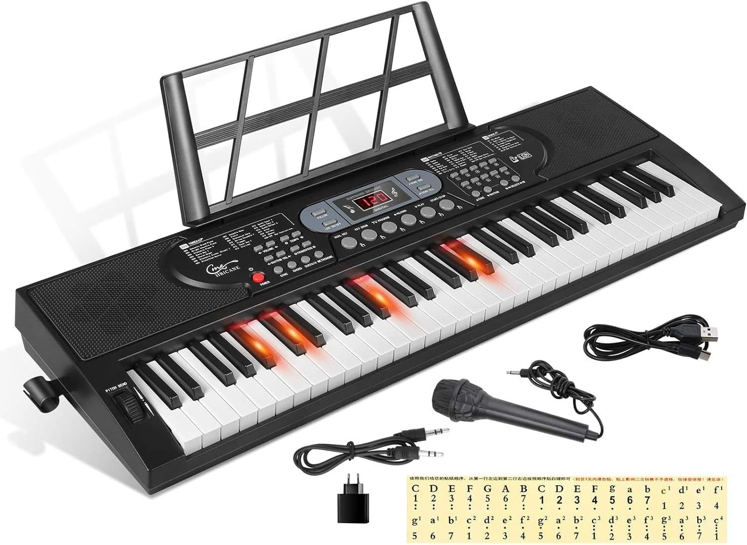 Piano Keyboard voor kinderen, 61 toetsen, elektronisch toetsenbord, draagbaar digitaal muziekinstrument voor vroege onderwijs met microfoon en muziekbladstandaard (Wit, Illuminated buttons) - Maat Illuminated buttons