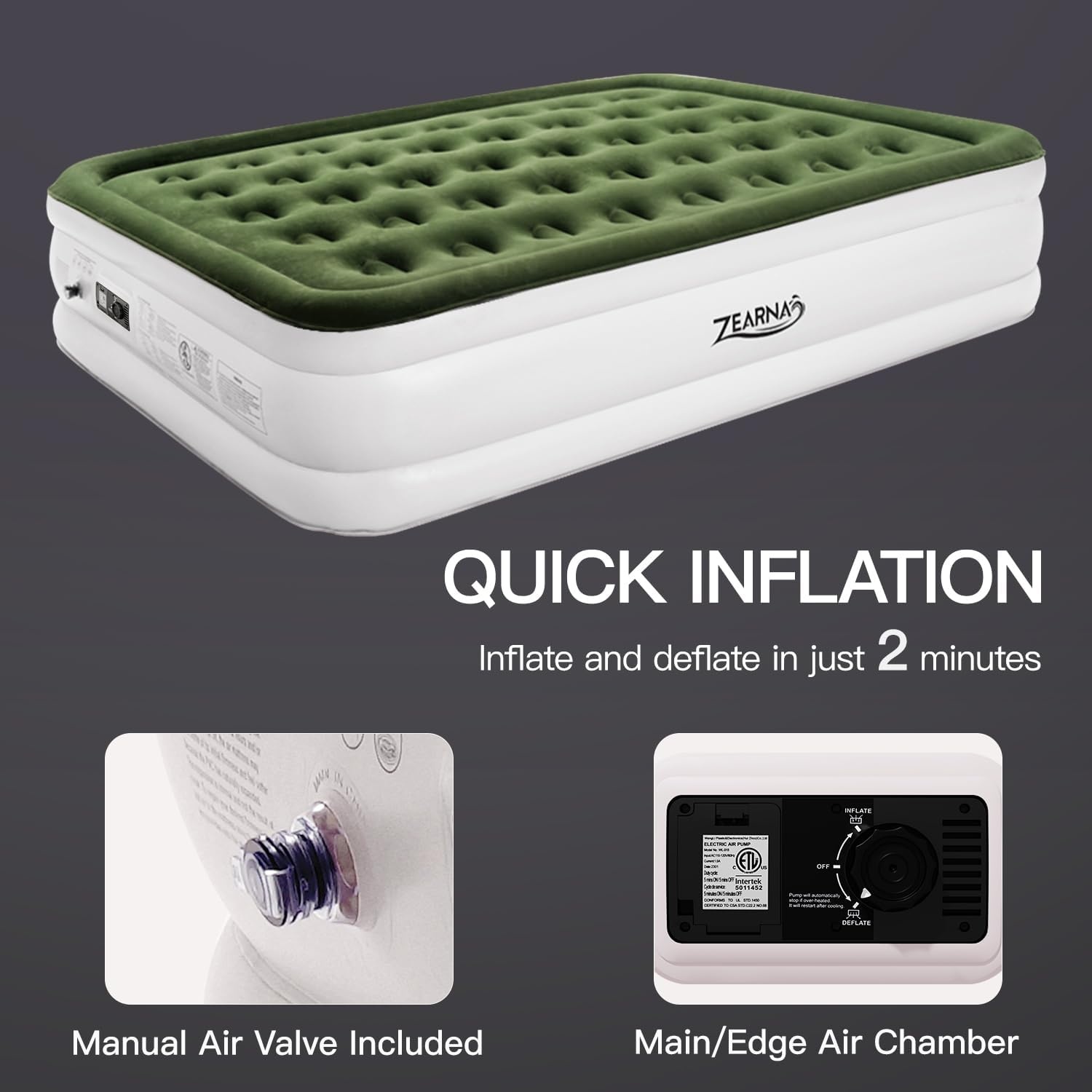 Zearna Luchtmatras voor 2 personen, zelfopblazend matras in 3 minuten, opblaasbaar matras, logeerbed met ingebouwde elektrische pomp, opblaasbaar bed voor thuisgebruik, 203 x 152 x 46 cm