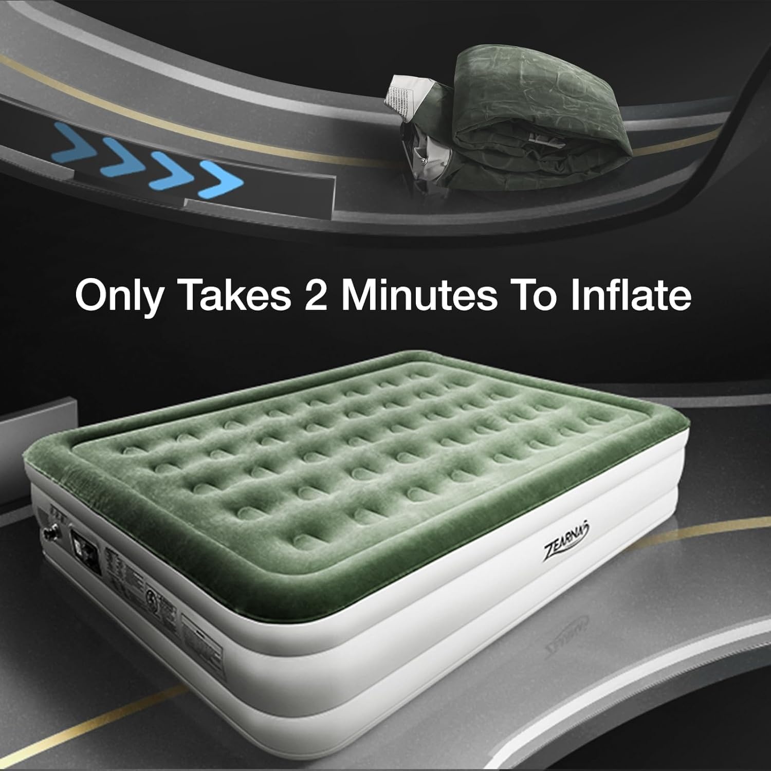 Zearna Luchtmatras voor 2 personen, zelfopblazend matras in 3 minuten, opblaasbaar matras, logeerbed met ingebouwde elektrische pomp, opblaasbaar bed voor thuisgebruik, 203 x 152 x 46 cm