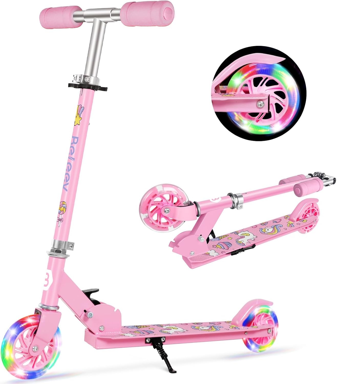 BELEEV V1 Kinderstep 2 Wielige Inklapbare Atep voor Meisjes en Jongens, 3 Verstelbare Hoogtes, LED Lichtgevende Wielen, Lichtgewicht Stevig Frame, Scooter met Standaard van 3-12 Jaar Oud, Light Pink