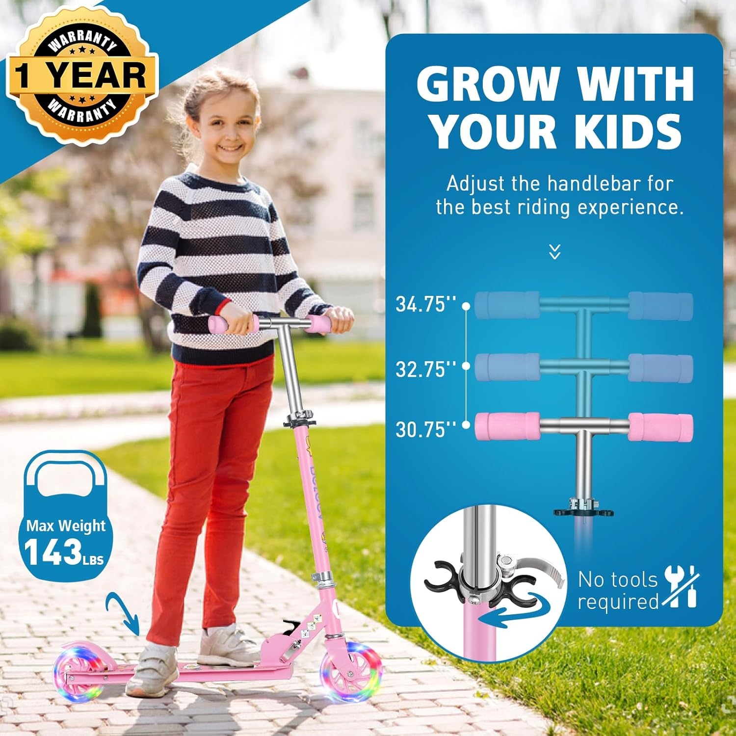 BELEEV V1 Kinderstep 2 Wielige Inklapbare Atep voor Meisjes en Jongens, 3 Verstelbare Hoogtes, LED Lichtgevende Wielen, Lichtgewicht Stevig Frame, Scooter met Standaard van 3-12 Jaar Oud, Light Pink