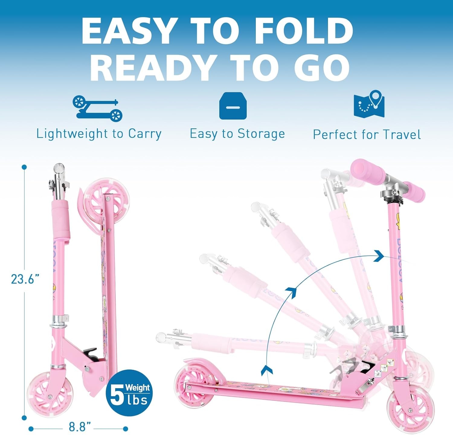 BELEEV V1 Kinderstep 2 Wielige Inklapbare Atep voor Meisjes en Jongens, 3 Verstelbare Hoogtes, LED Lichtgevende Wielen, Lichtgewicht Stevig Frame, Scooter met Standaard van 3-12 Jaar Oud, Light Pink