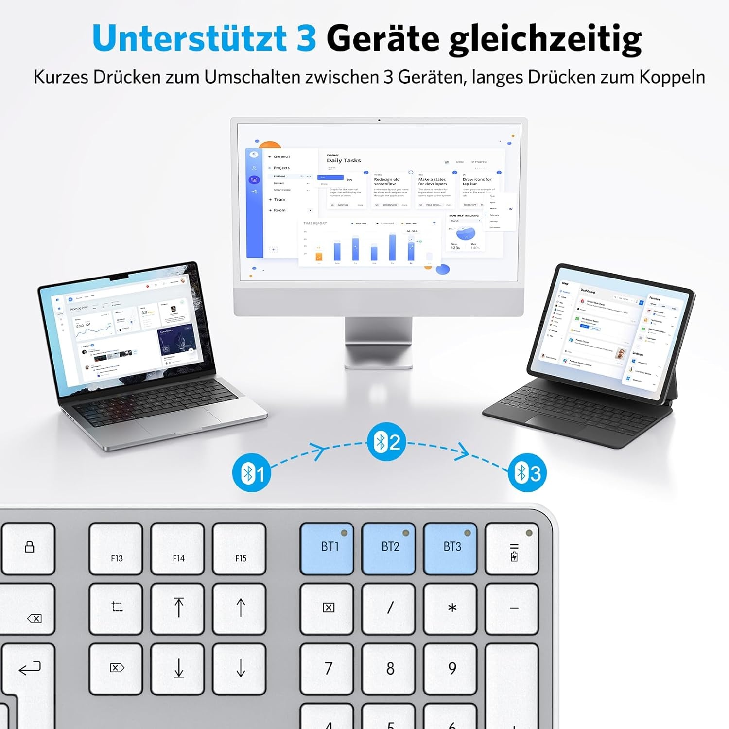 Bluetooth-Mac-toetsenbord, OMOTON draadloos toetsenbord en voor Apple MacBook Pro/Air, iMac, iMac Pro, Mac Mini/Pro, oplaadbaar met 3 bluetooth-kanalen, QWERTZ DE-lay-out
