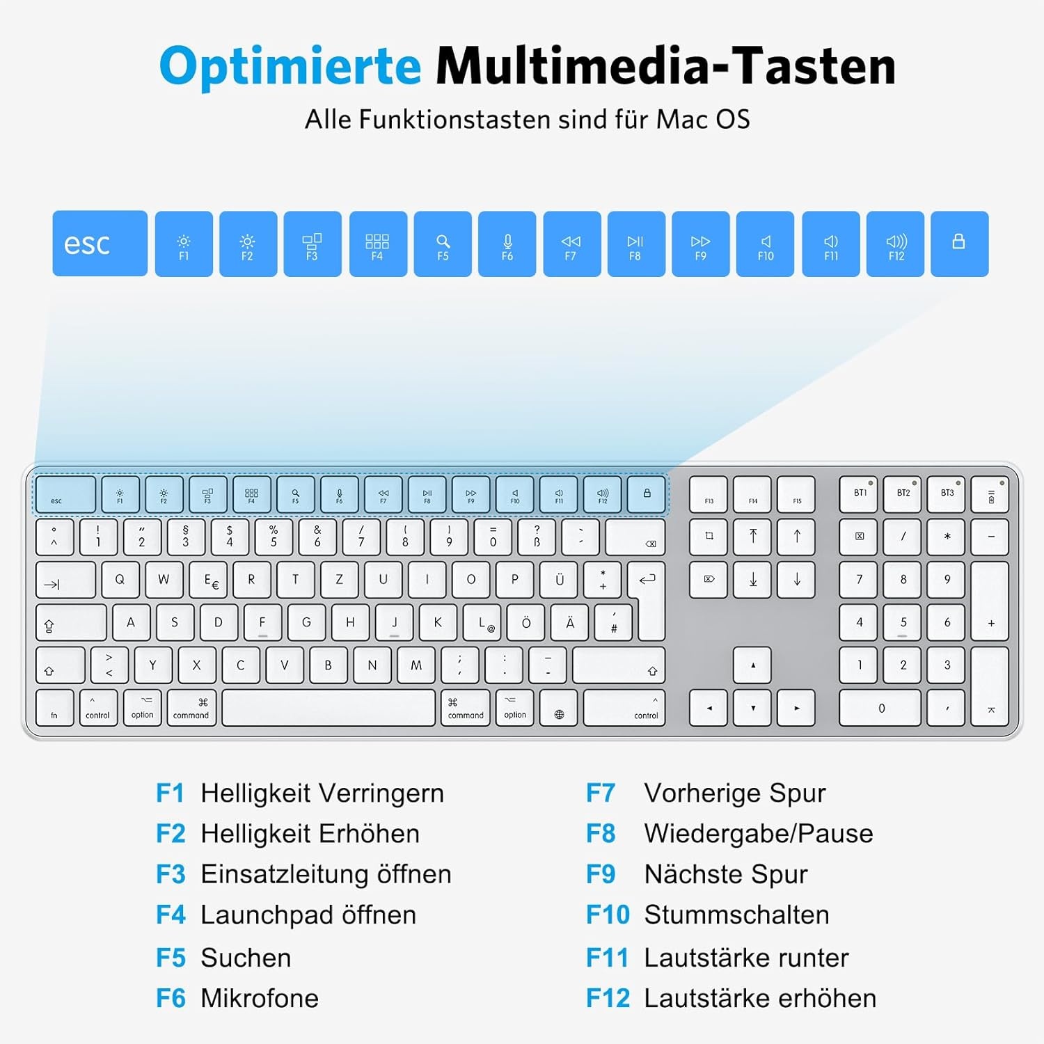 Bluetooth-Mac-toetsenbord, OMOTON draadloos toetsenbord en voor Apple MacBook Pro/Air, iMac, iMac Pro, Mac Mini/Pro, oplaadbaar met 3 bluetooth-kanalen, QWERTZ DE-lay-out