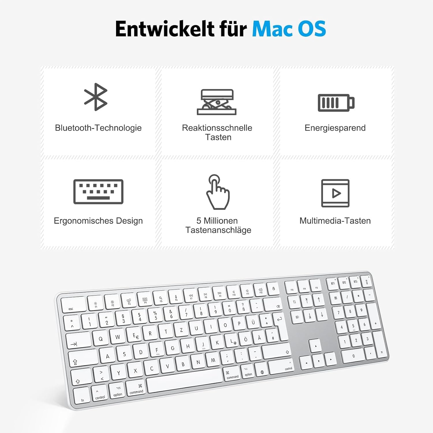 Bluetooth-Mac-toetsenbord, OMOTON draadloos toetsenbord en voor Apple MacBook Pro/Air, iMac, iMac Pro, Mac Mini/Pro, oplaadbaar met 3 bluetooth-kanalen, QWERTZ DE-lay-out