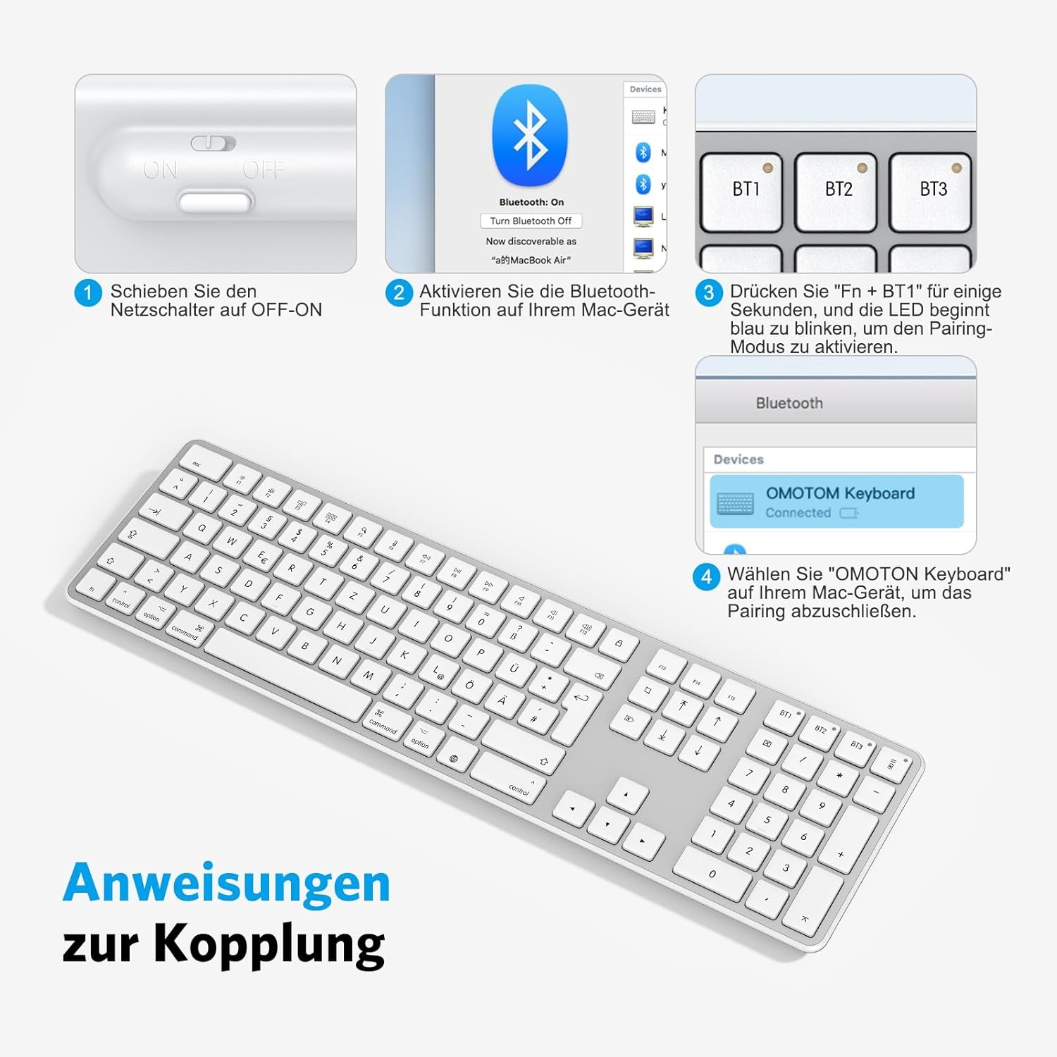 Bluetooth-Mac-toetsenbord, OMOTON draadloos toetsenbord en voor Apple MacBook Pro/Air, iMac, iMac Pro, Mac Mini/Pro, oplaadbaar met 3 bluetooth-kanalen, QWERTZ DE-lay-out