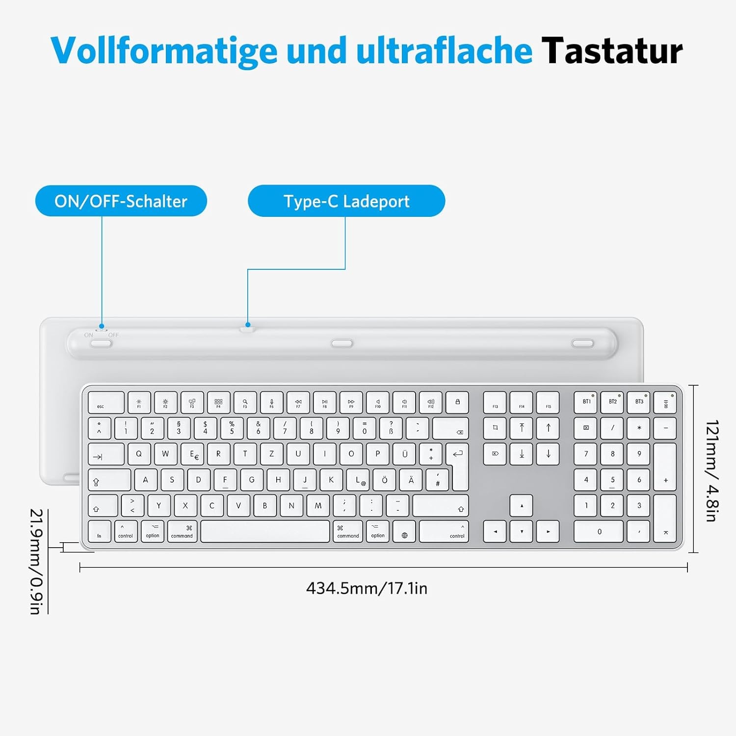 Bluetooth-Mac-toetsenbord, OMOTON draadloos toetsenbord en voor Apple MacBook Pro/Air, iMac, iMac Pro, Mac Mini/Pro, oplaadbaar met 3 bluetooth-kanalen, QWERTZ DE-lay-out