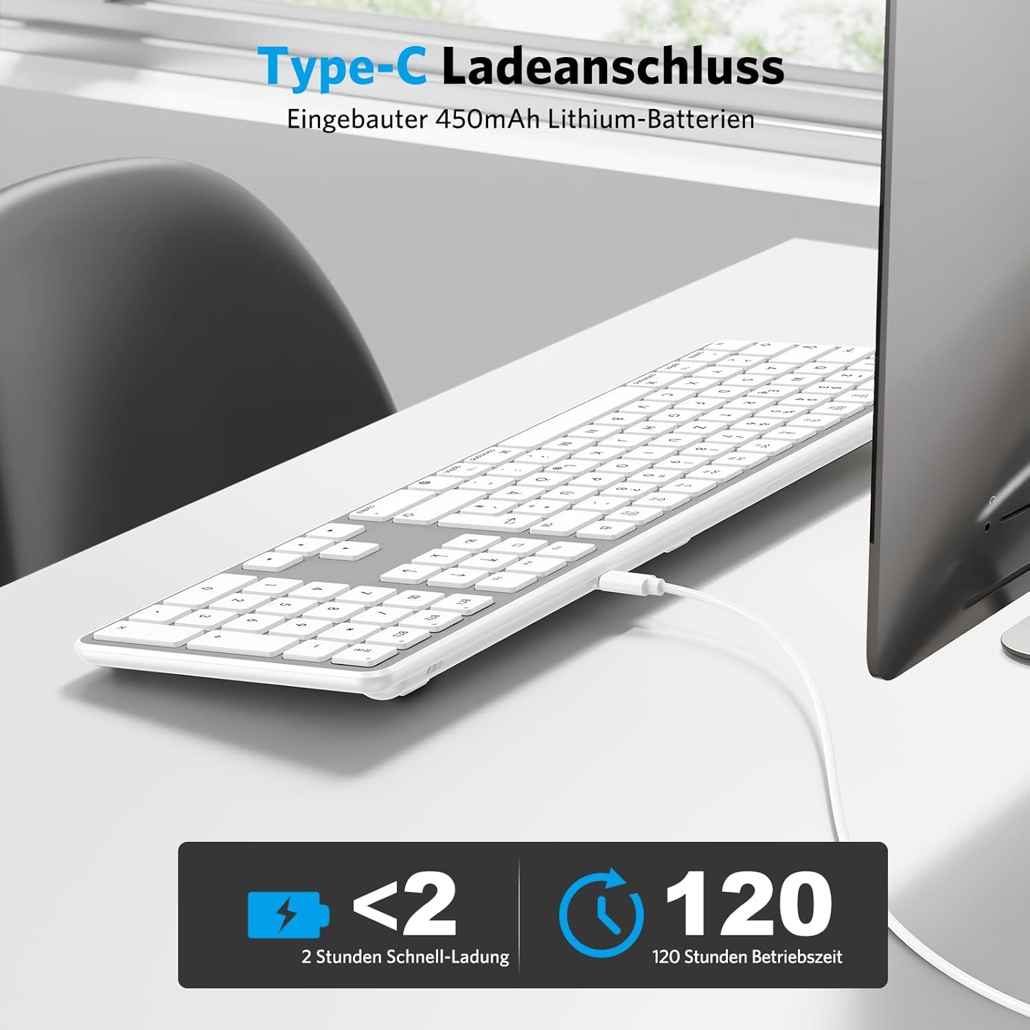 Bluetooth-Mac-toetsenbord, OMOTON draadloos toetsenbord en voor Apple MacBook Pro/Air, iMac, iMac Pro, Mac Mini/Pro, oplaadbaar met 3 bluetooth-kanalen, QWERTZ DE-lay-out