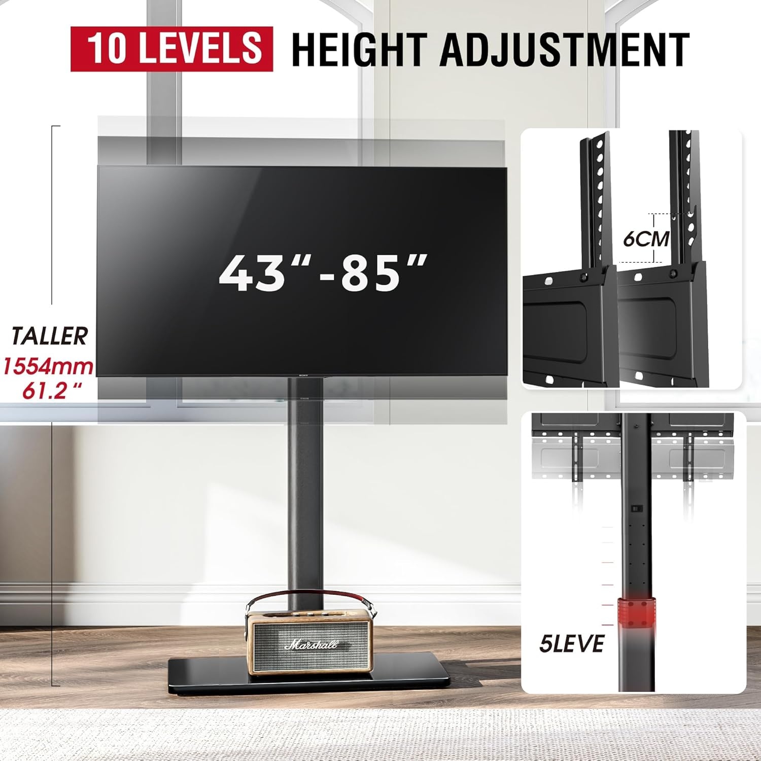 AOKCOS TV Standaard Vloer voor 42-85 inch, Draaibaar Kantelbaar Hoogte Verstelbaar TV Stand Hoog Max VESA 600x400mm 50kg