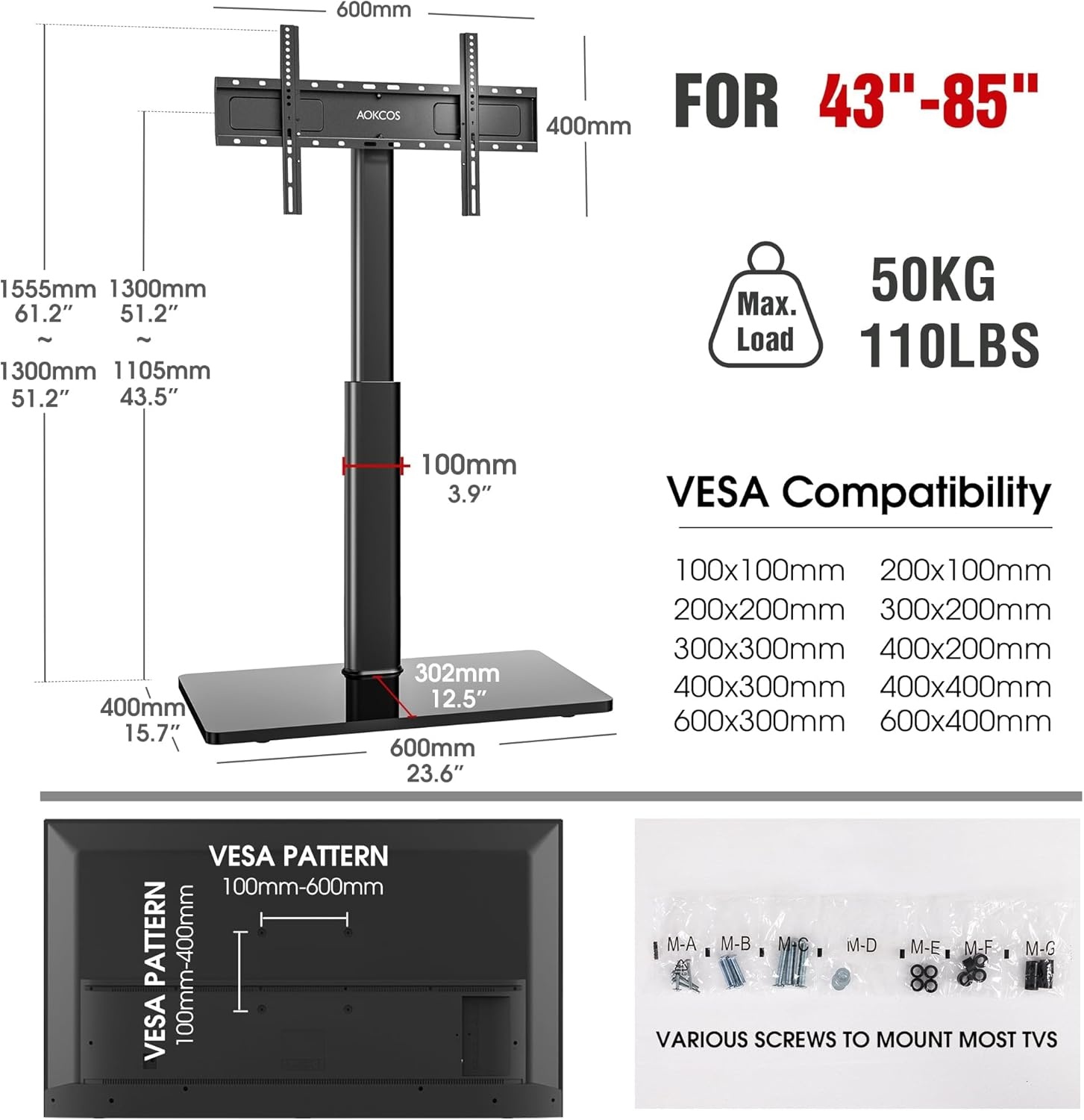 AOKCOS TV Standaard Vloer voor 42-85 inch, Draaibaar Kantelbaar Hoogte Verstelbaar TV Stand Hoog Max VESA 600x400mm 50kg