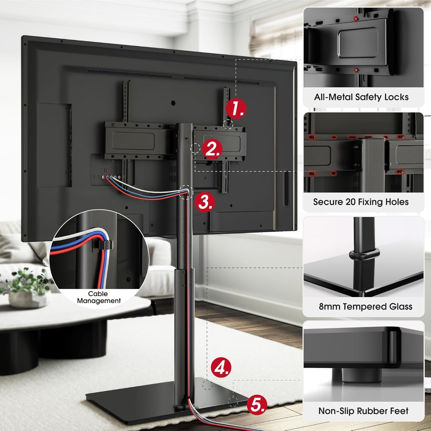 AOKCOS TV Standaard Vloer voor 42-85 inch, Draaibaar Kantelbaar Hoogte Verstelbaar TV Stand Hoog Max VESA 600x400mm 50kg