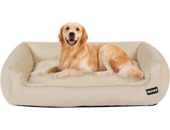 HMTOPE Hondenbed, hondenbank, hondenkussen, hondenmand, afneembaar en wasbaar, beige, 110 x 86 x 26 cm
