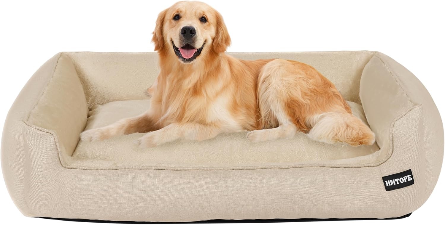 HMTOPE Hondenbed, hondenbank, hondenkussen, hondenmand, afneembaar en wasbaar, beige, 110 x 86 x 26 cm