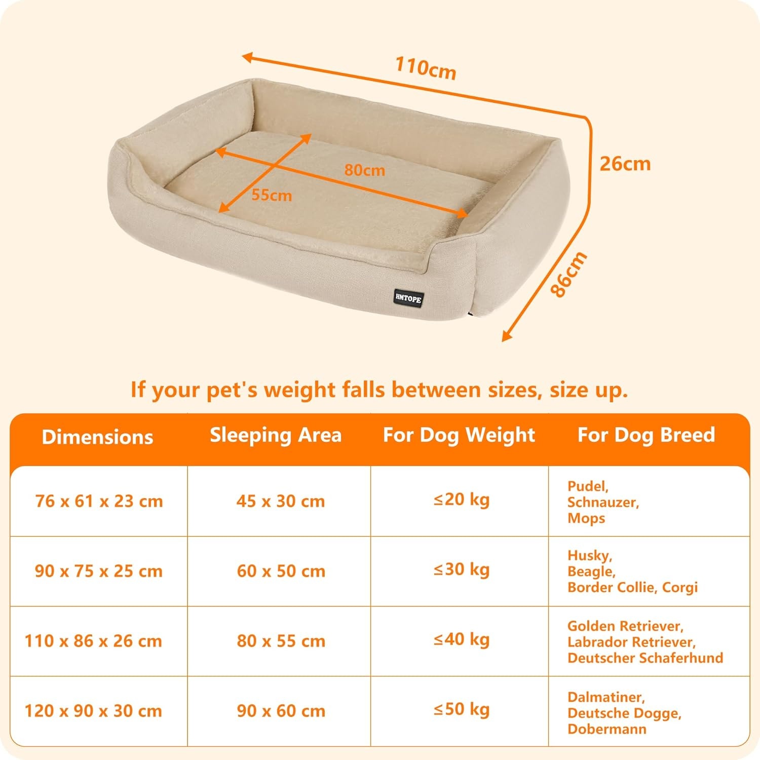 HMTOPE Hondenbed, hondenbank, hondenkussen, hondenmand, afneembaar en wasbaar, beige, 110 x 86 x 26 cm