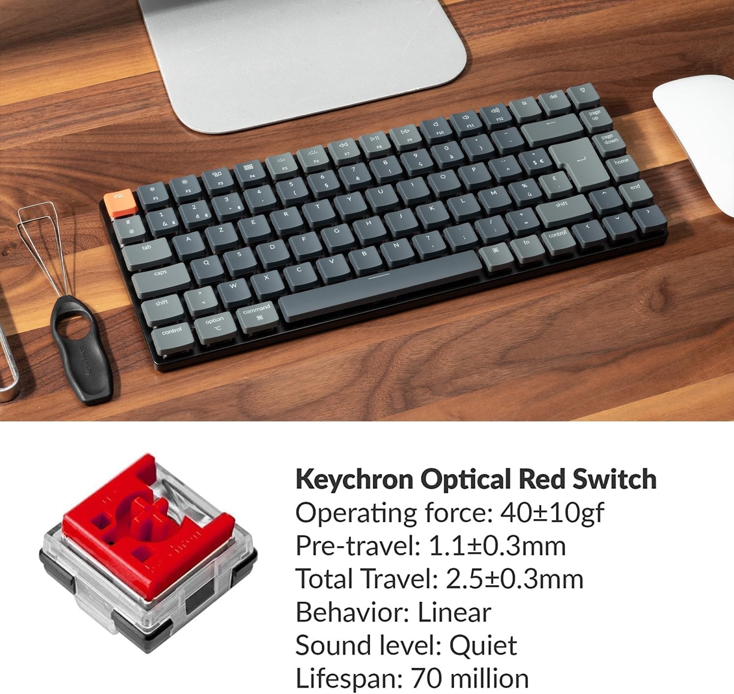 Keychron K3 Ultradun, draadloos mechanisch toetsenbord, 75% design, bekabeld, Bluetooth/USB-toetsenbord met RGB-achtergrondverlichting, Hot Swappable laag profiel optische schakelaar rood voor Mac